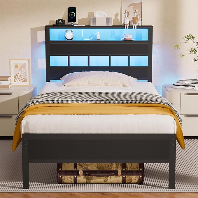Queen Bed Frame with Storage Headboard and LED Lights