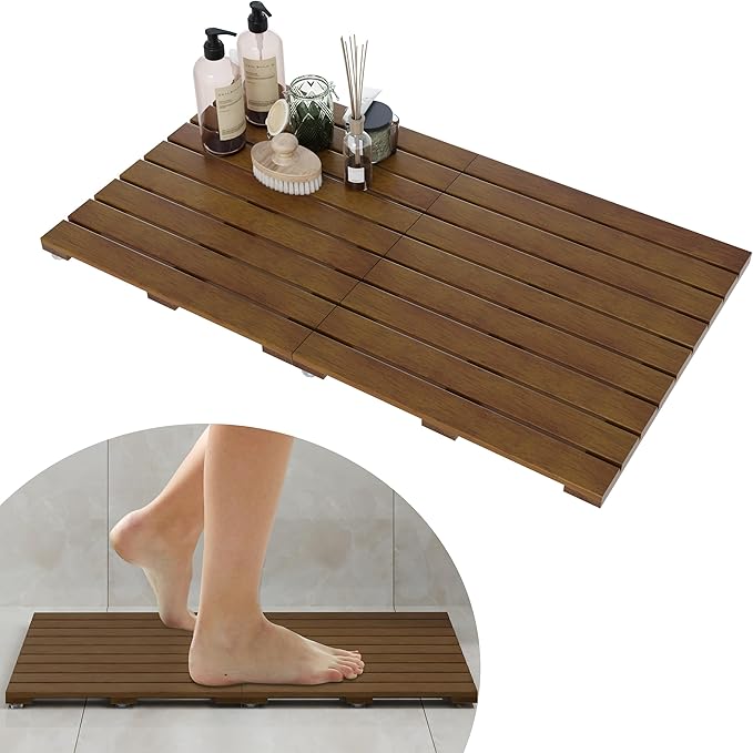 Foldable Teak Wood Bath Mat, 31.5" x 18.1" Shower Mat with Non-Slip