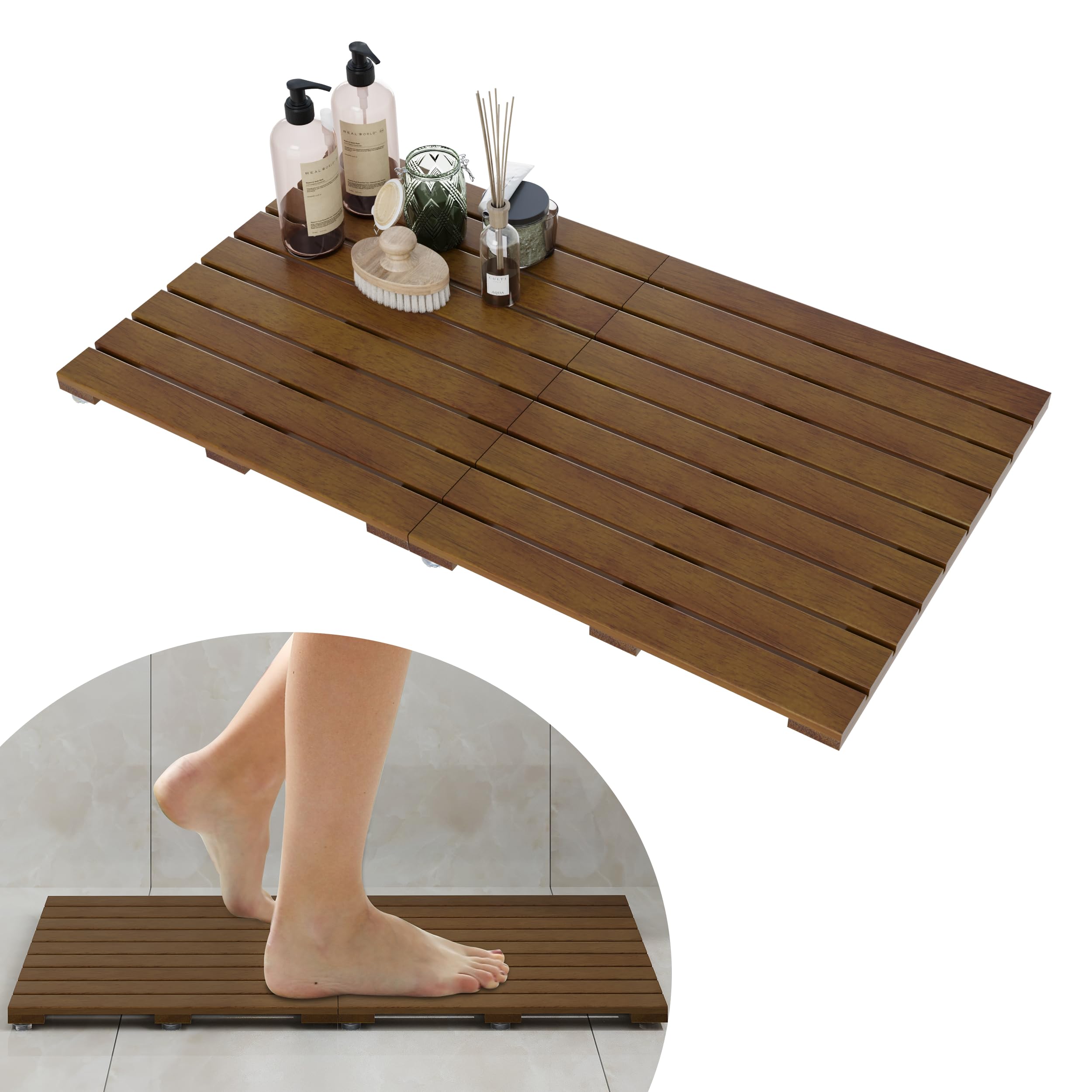 Foldable Teak Wood Bath Mat, 31.5" x 18.1" Shower Mat with Non-Slip
