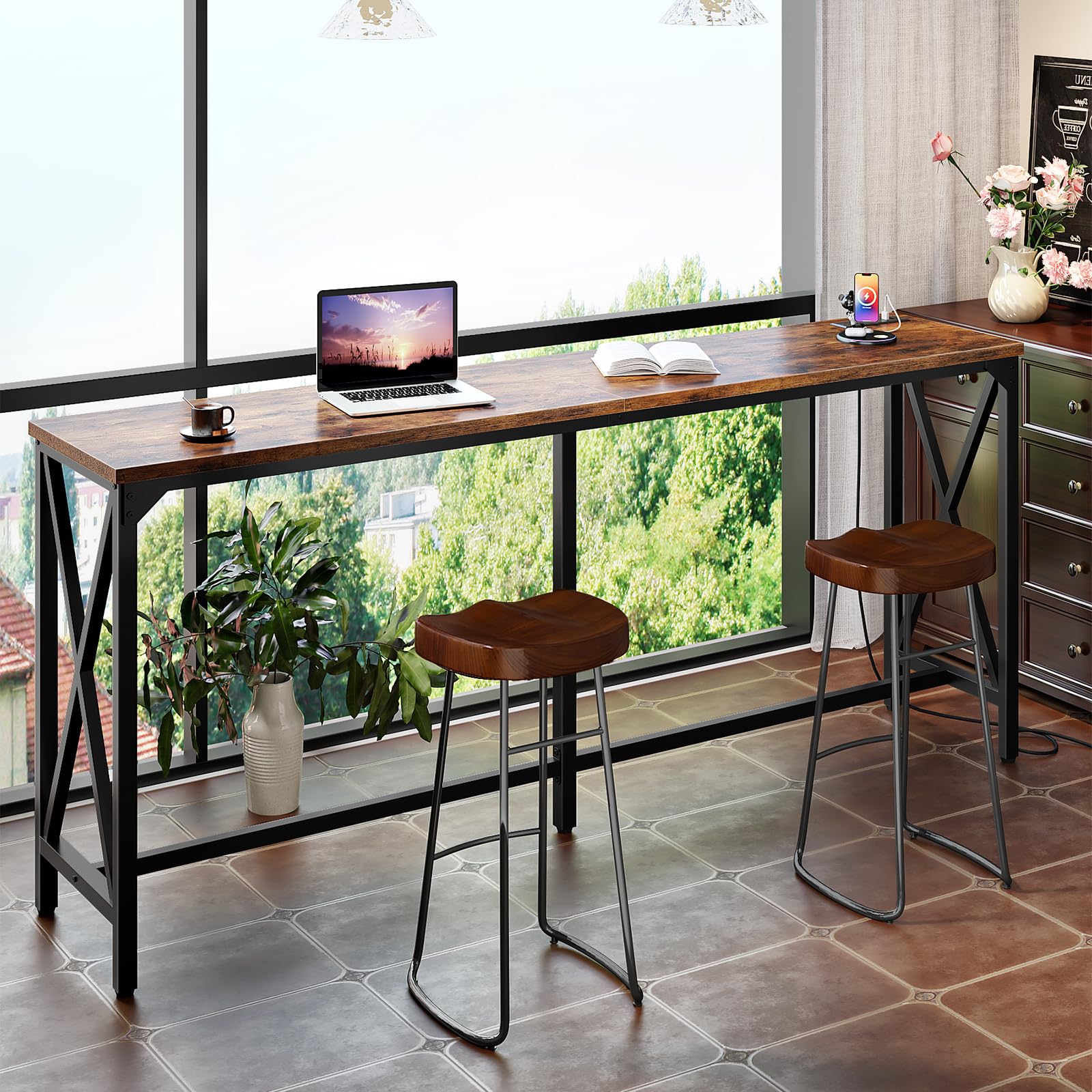 70.9'' Bar Table, Kitchen Dining Table with Power Outlet and Footrest