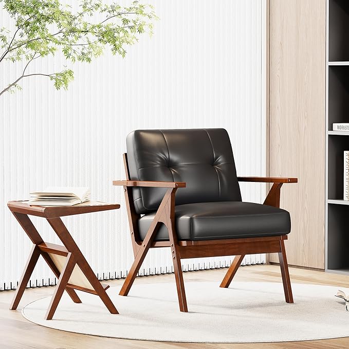 Black Leather Accent Chairs Set of 2, Mid Century Modern Accent Chairs