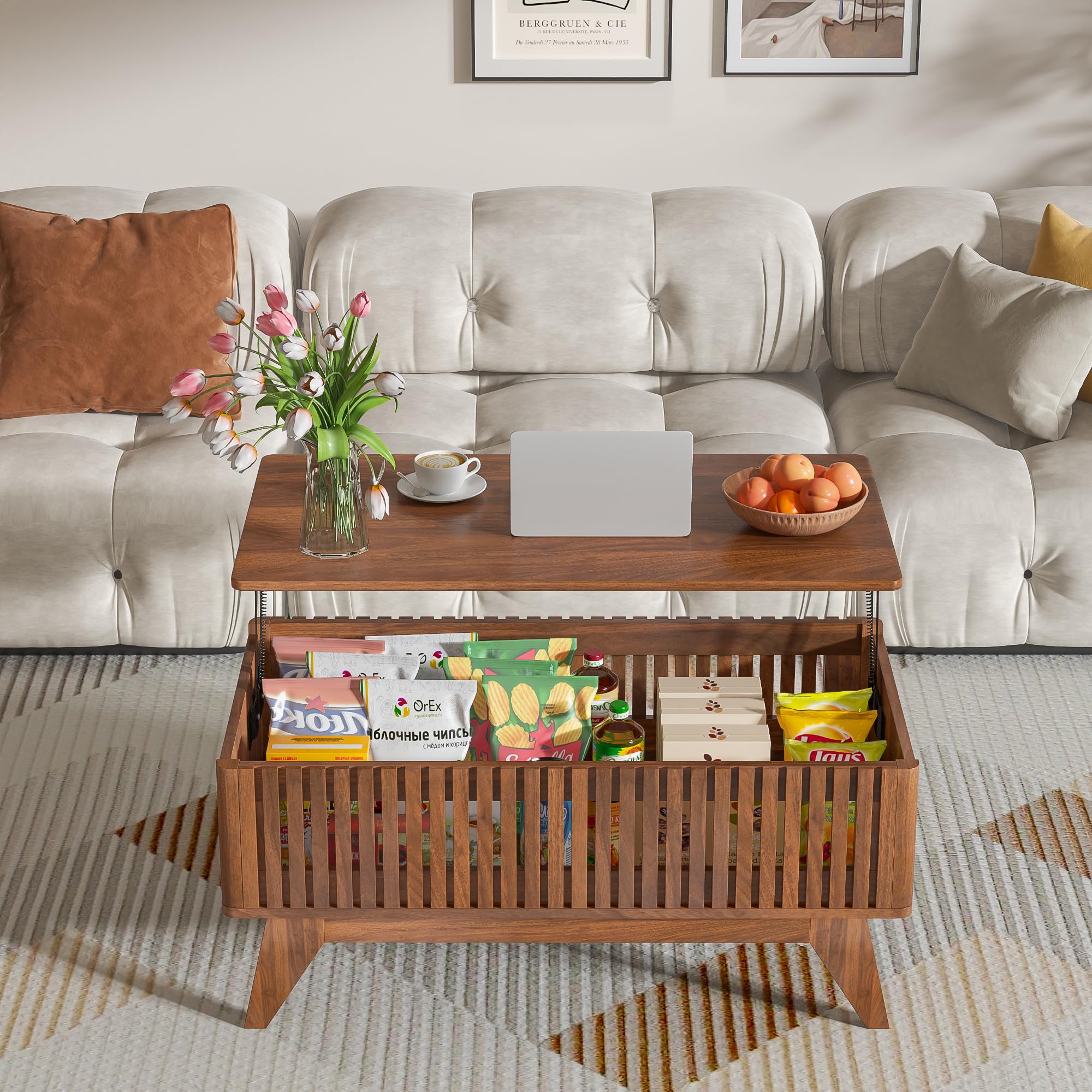 Lift Top Coffee Table with Hidden Compartment, Mid Century Modern Coffee Table