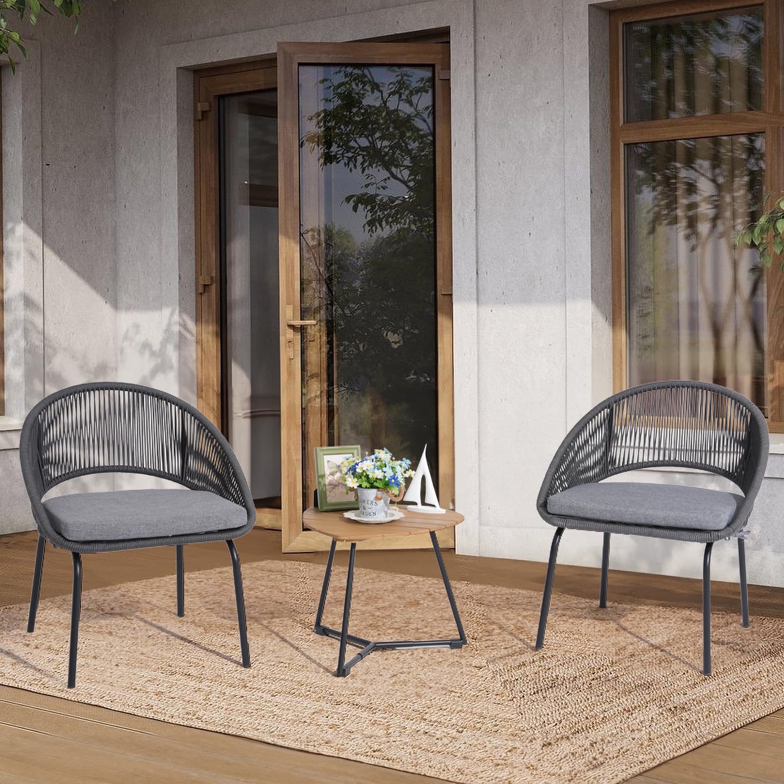 Patio Furniture Set, 3 Piece Outdoor Bistro Chair Conversation Sets Woven Rope