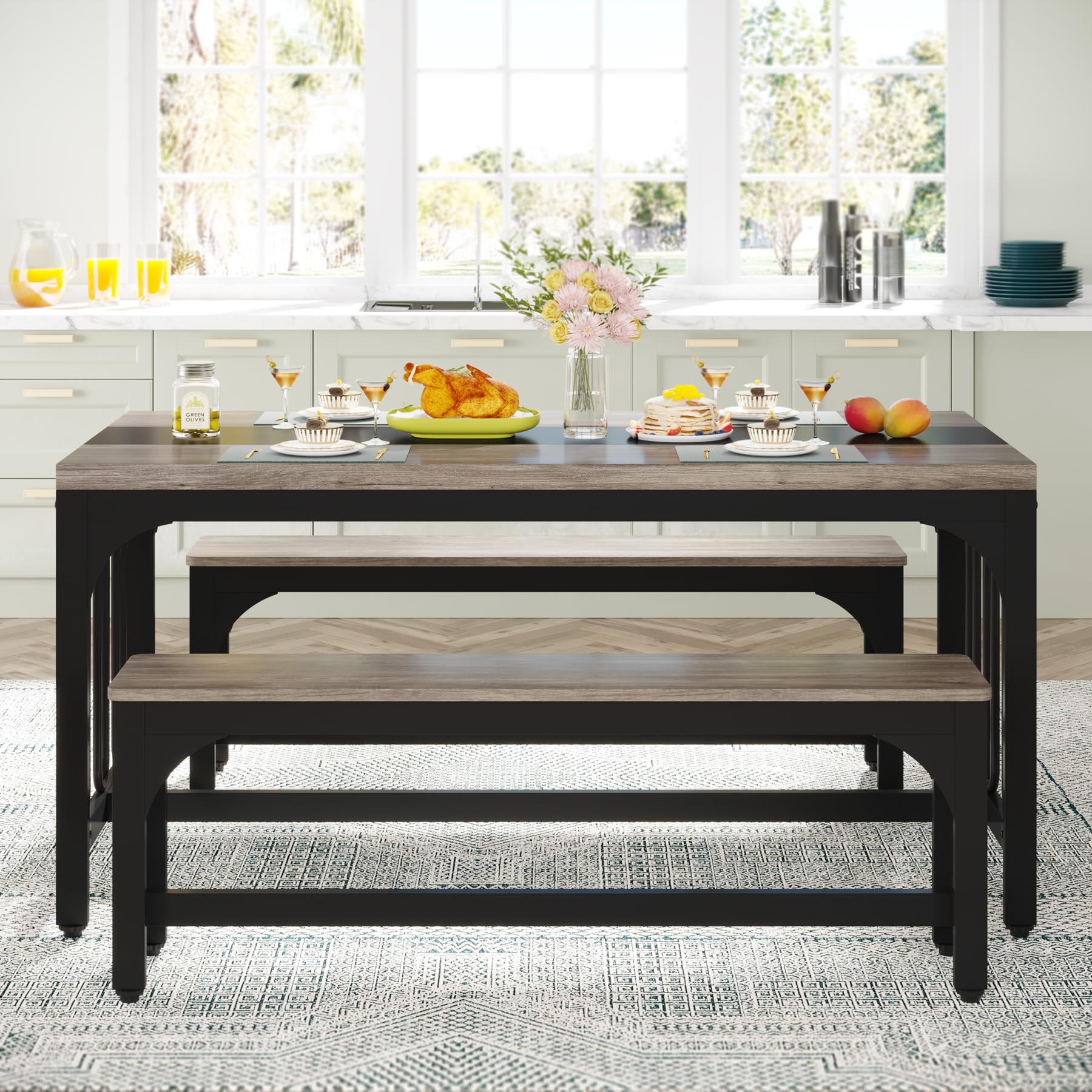 Dining Table Set for 4, Farmhouse Kitchen Table with 2 Benches