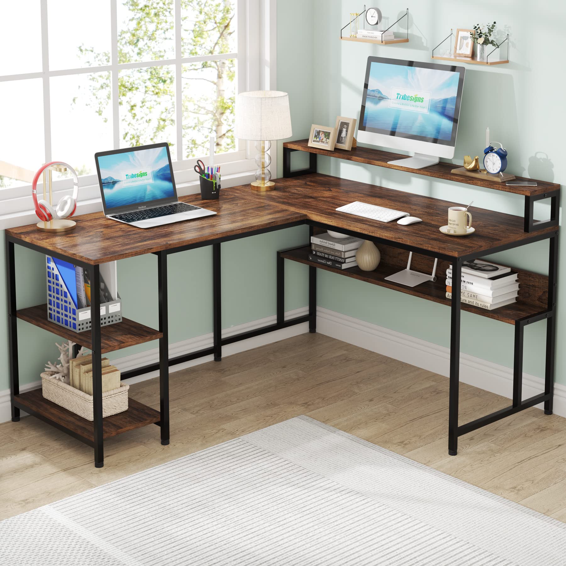 L Shaped Desk with Shelves, 59" Large Corner Computer Desk with Monitor Shelf