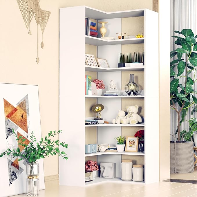 71" Tall Black Corner Bookshelf, 6 Tier L-Shape Corner Shelf Stand