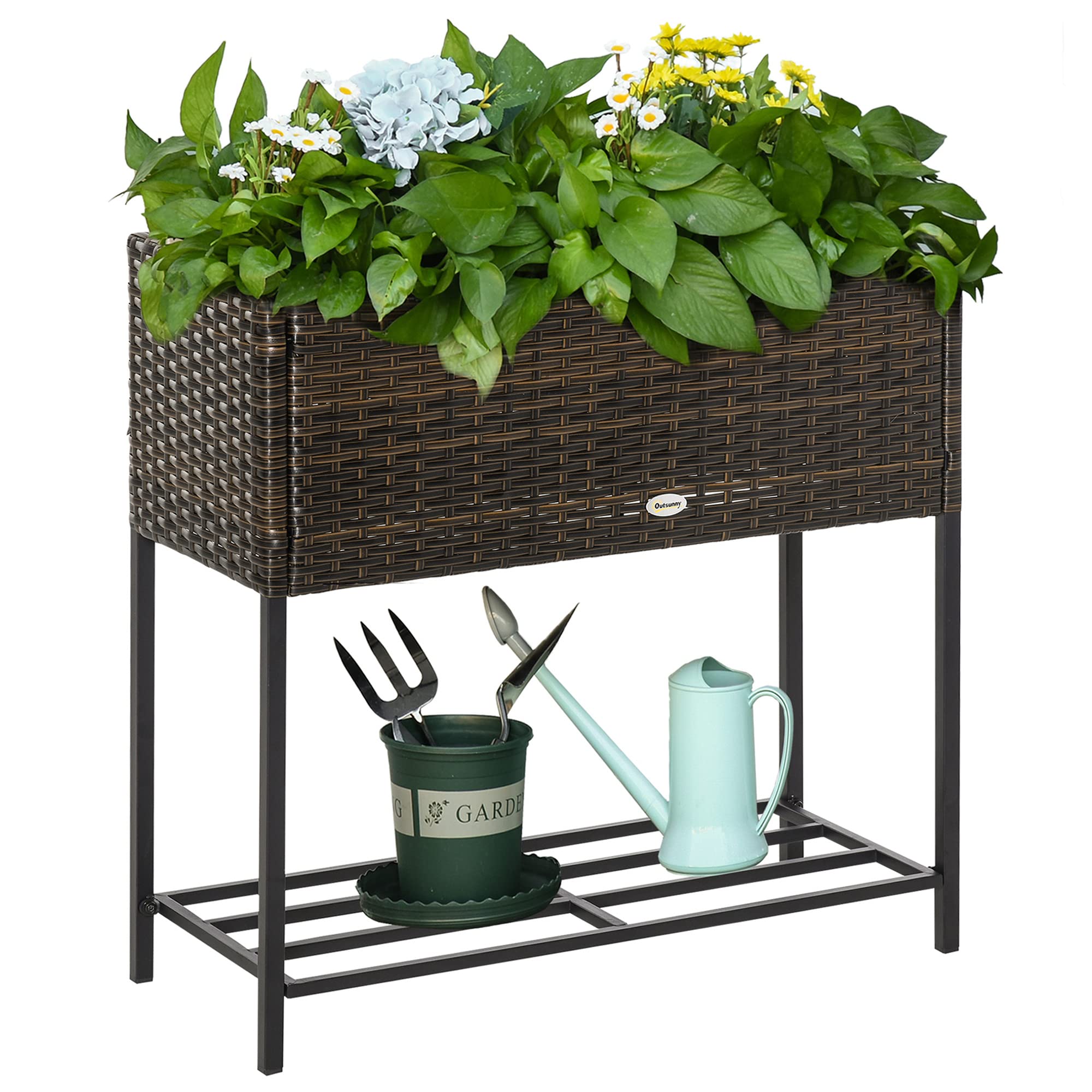 Raised Garden Bed, Elevated Planter Box with Rattan Wicker Look, Tool Storage Shelf