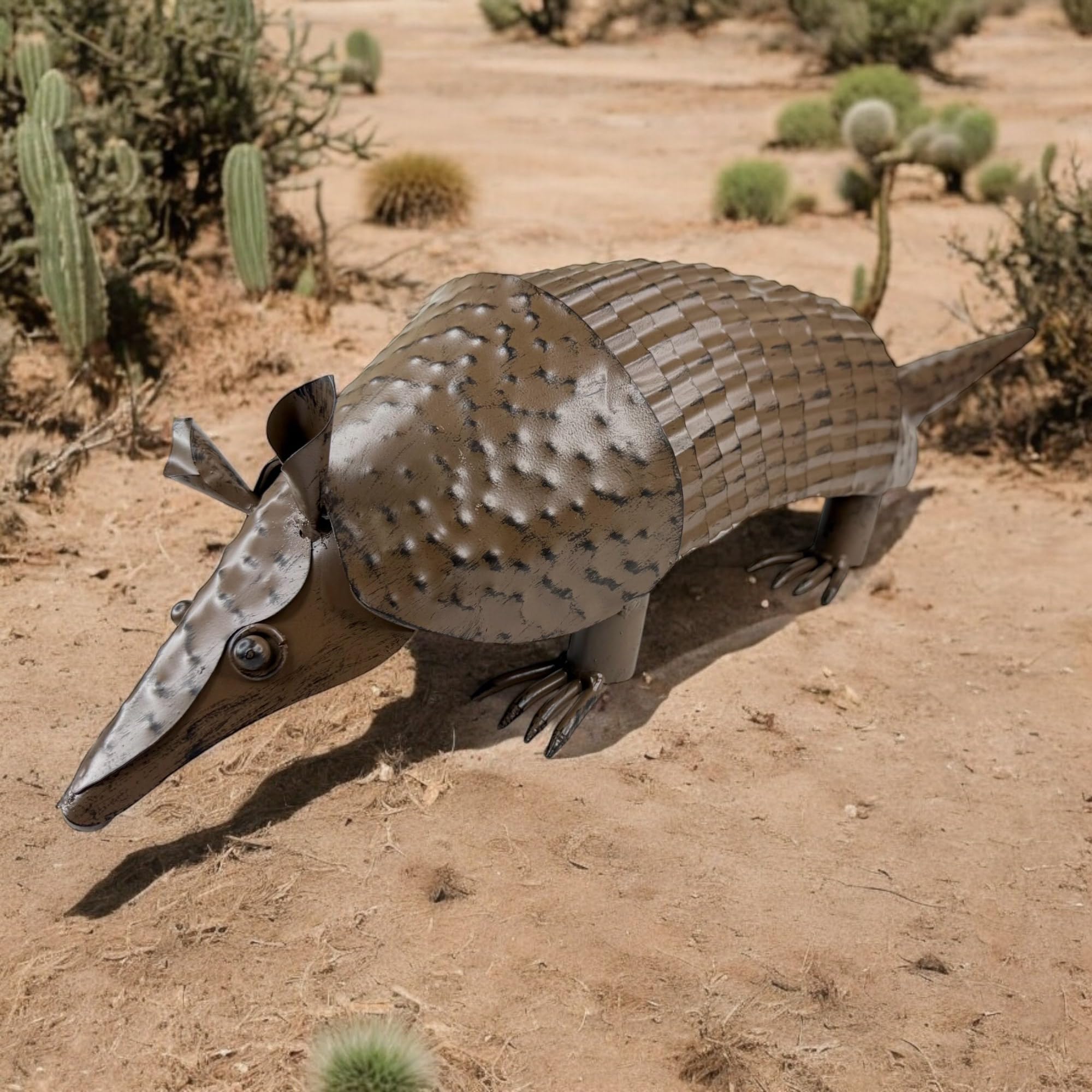 22” Rustic Metal Armadillo Sculpture – Large Textured Welded Iron with Springy