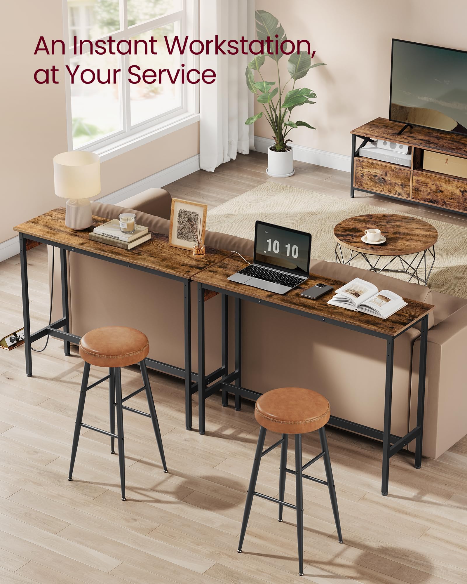 Bar Table, Narrow Long Kitchen Dining Table with Charging Station, Sturdy Metal Frame