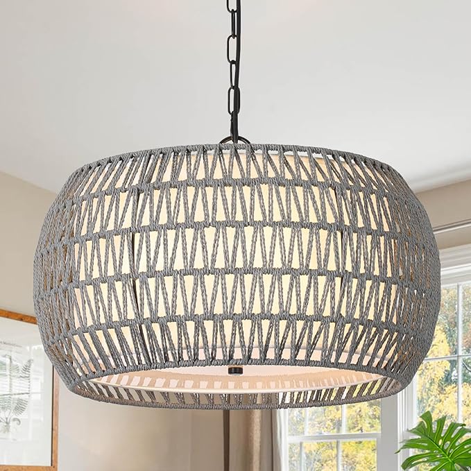 Farmhouse Chandelier Light Fixtures，5-Lights Rattan Dining Room Light Fixture