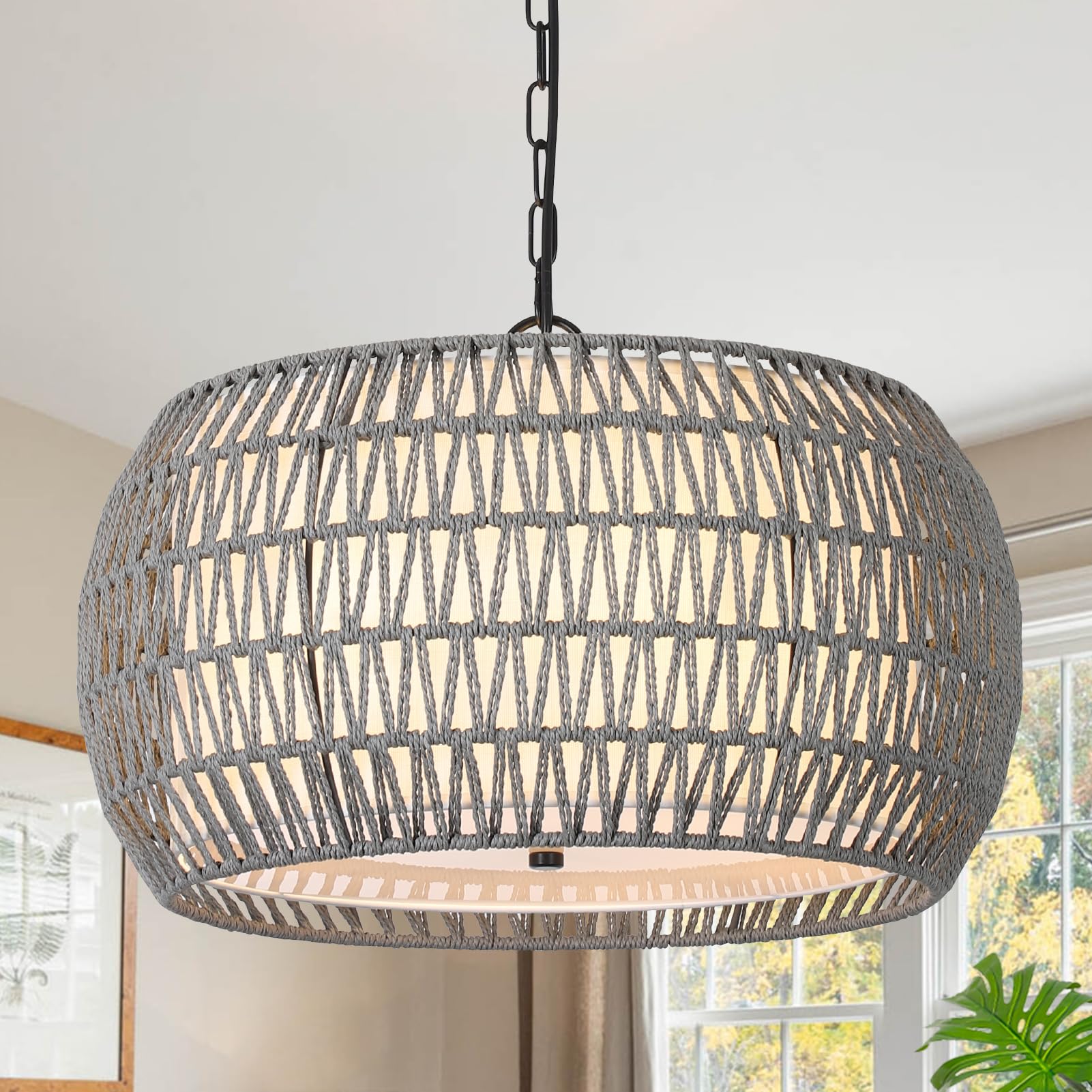 Farmhouse Chandelier Light Fixtures，5-Lights Rattan Dining Room Light Fixture