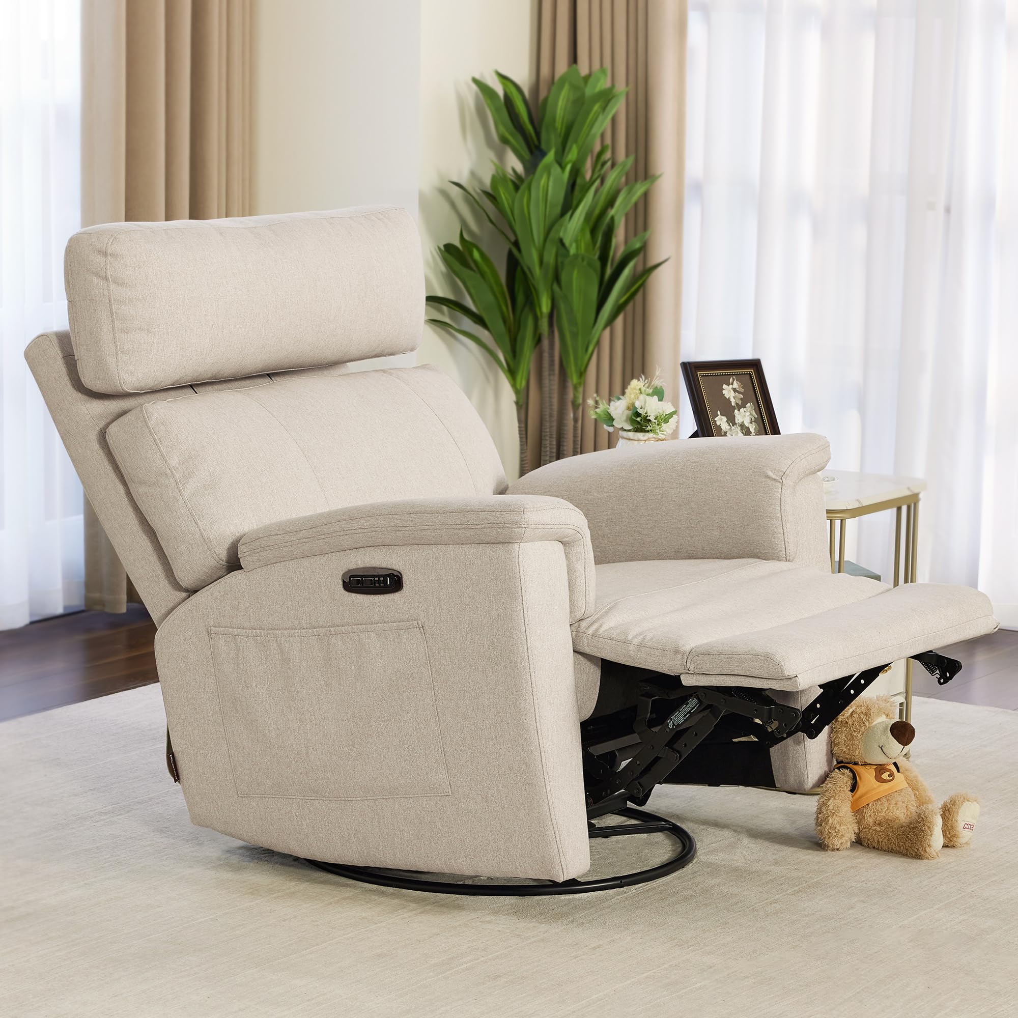 Power Swivel Glider Recliner Nursery Chair with Adjustable Headrest and Nightlight