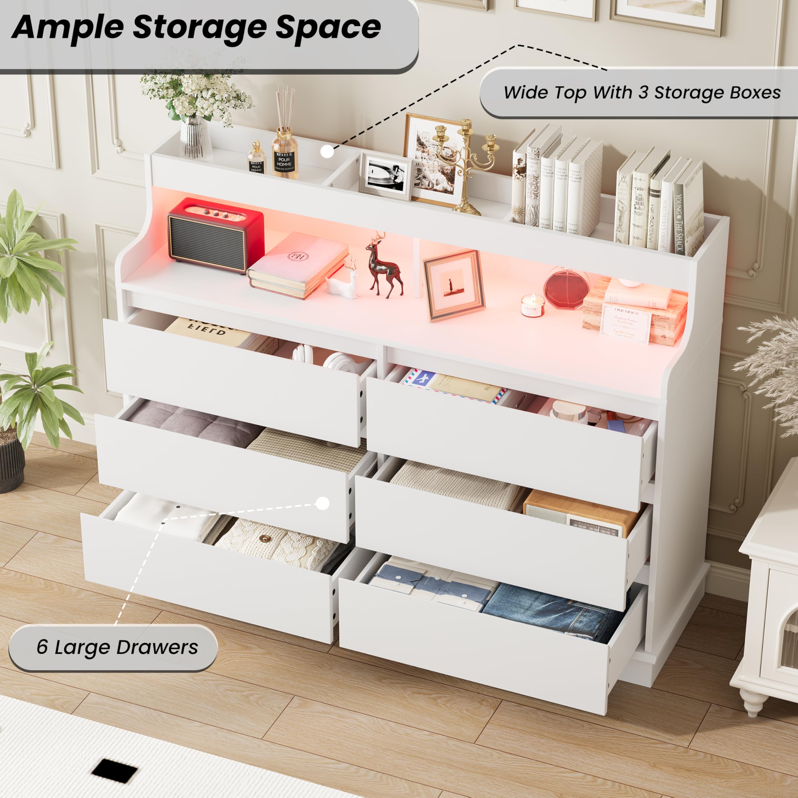 Dresser for Bedroom, 6 Drawer Dresser with LED Lights and Charging Station, Wide Chest of 6 Drawers with Open Space, Modern Large Capacity Storage Cabinet, Living Room, Hallway, White
