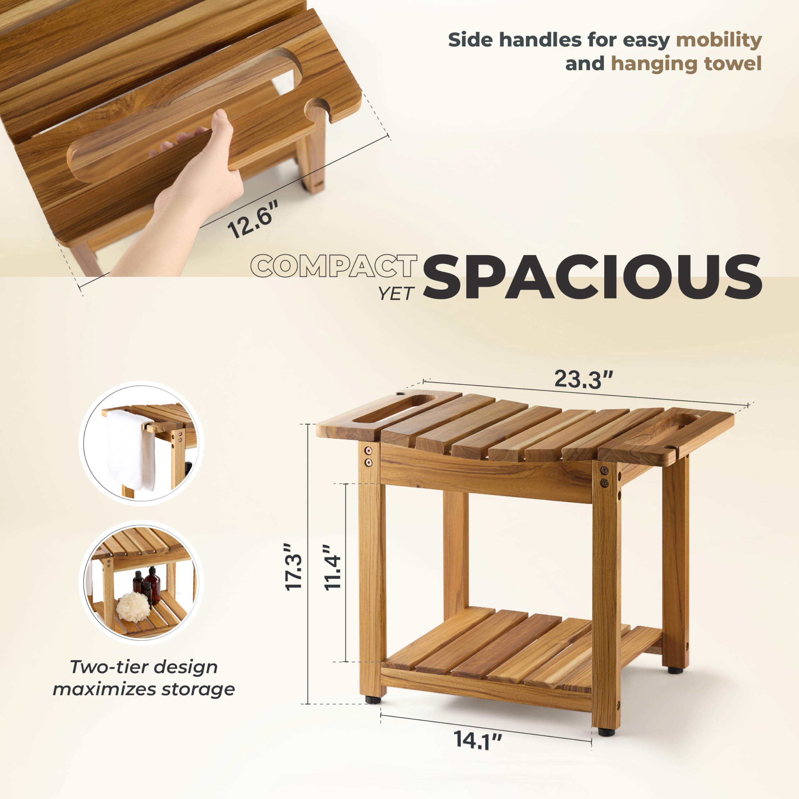 LotusSway Teak Shower Bench Seat with Storage Shelf, Wood Shower Benches for Inside Shower to Sit on, Teak Shower Stool & Spa for Elderly with Shower Head Holder & Built in Handle for Bathroom/Outdoor