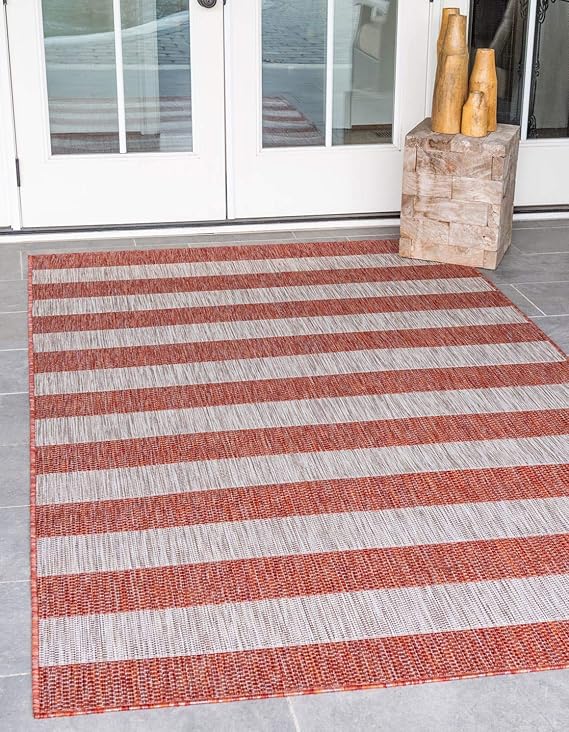 Outdoor Striped Collection Area Rug - Distressed Stripe (5' 3" Round Blue/Ivory)