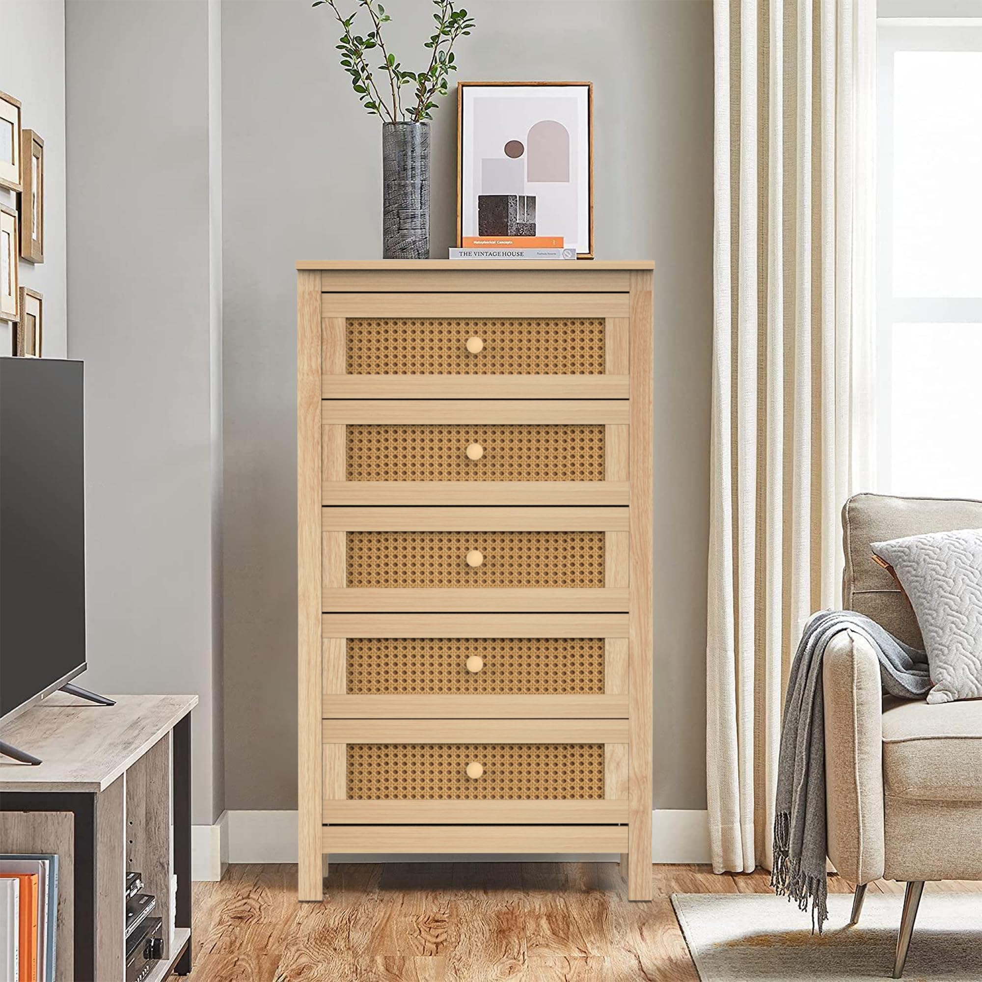 Rattan Dresser for Bedroom, Boho 5 Drawer Dresser with Rattan Drawers