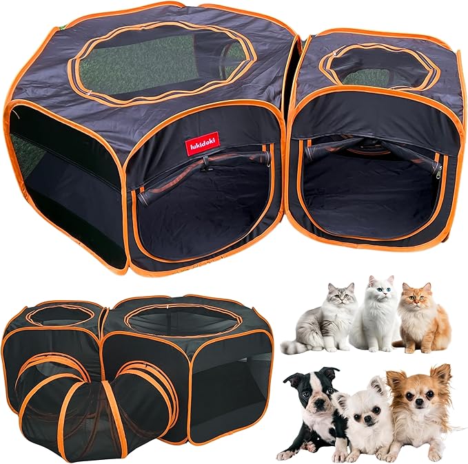 Portable Cat Playpen 2-Room with Tunnel, 3-in-1 Pop-up Cat Dog Crate Play Enclosure