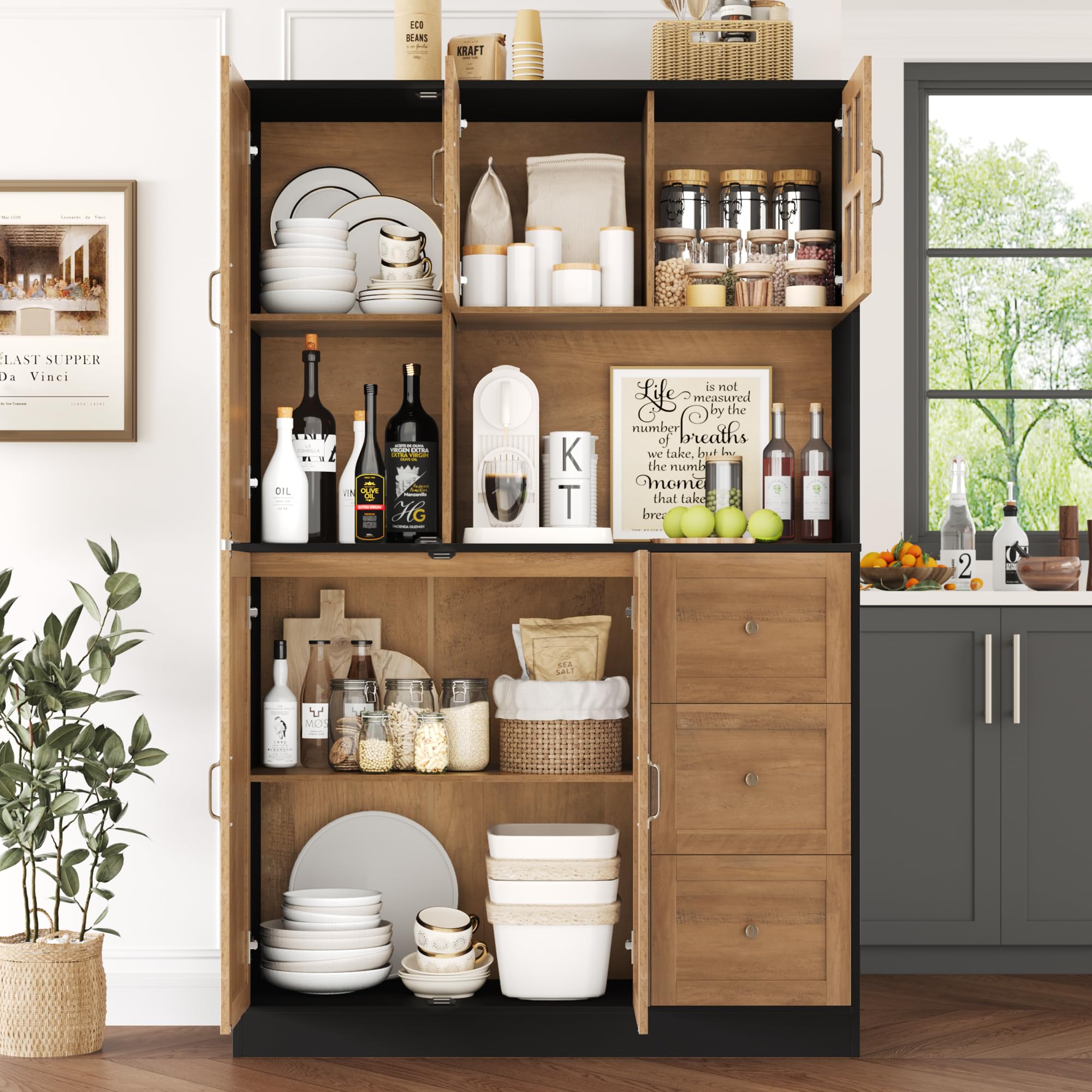 Farmhouse Pantry Cabinet, Kitchen Pantry Storage Cabinet with Microwave Stand