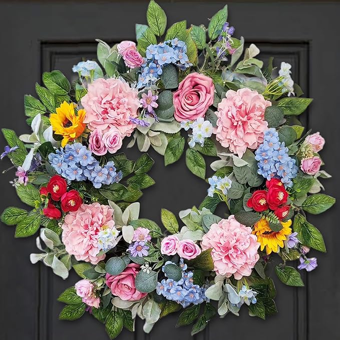 24 Inch Summer Wreaths for Front Door, Summer Wreath,Blue Hydrangea Wreath
