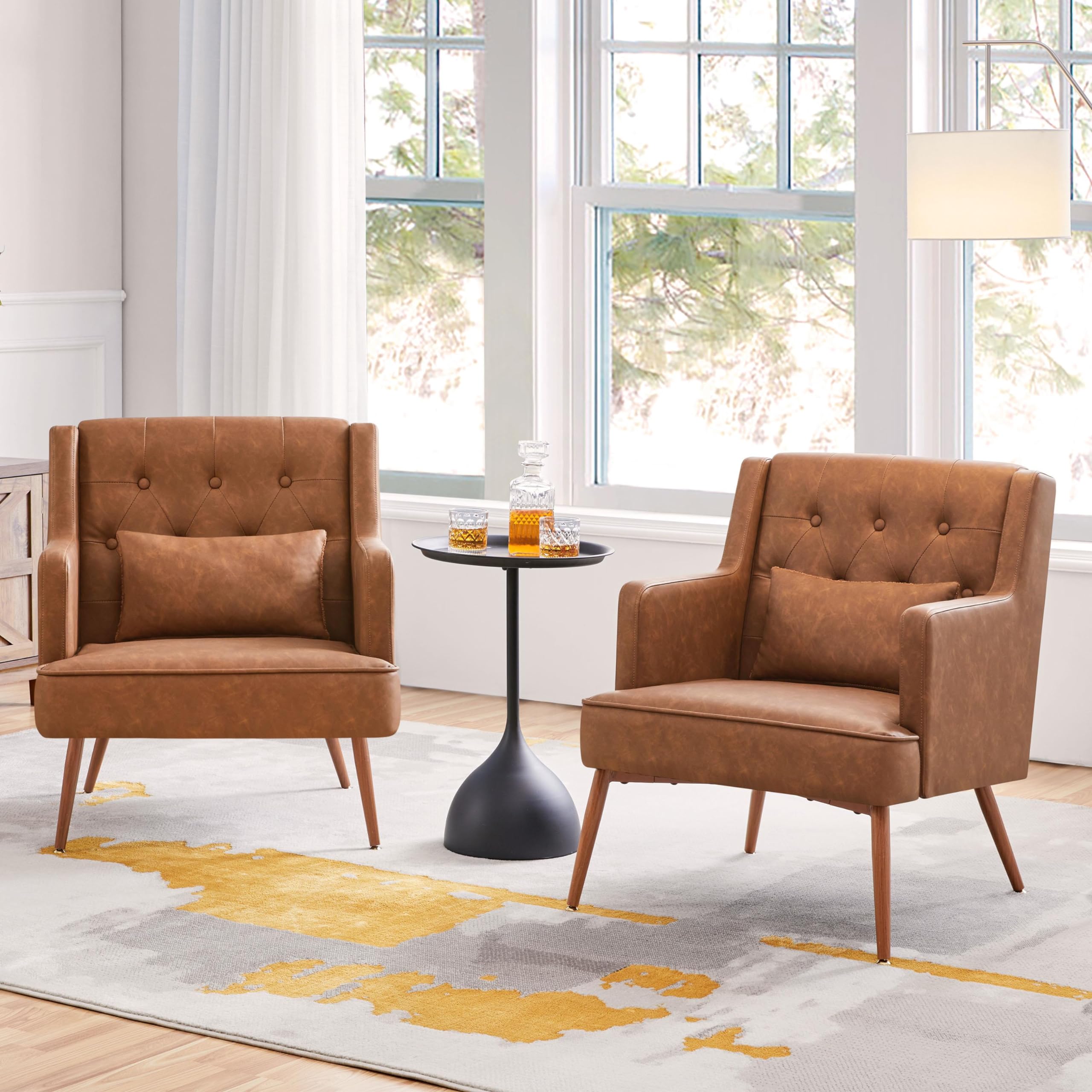 Accent Chair, Living Room Chair Mid Century PU Leather Armchair Lumbar Pillow