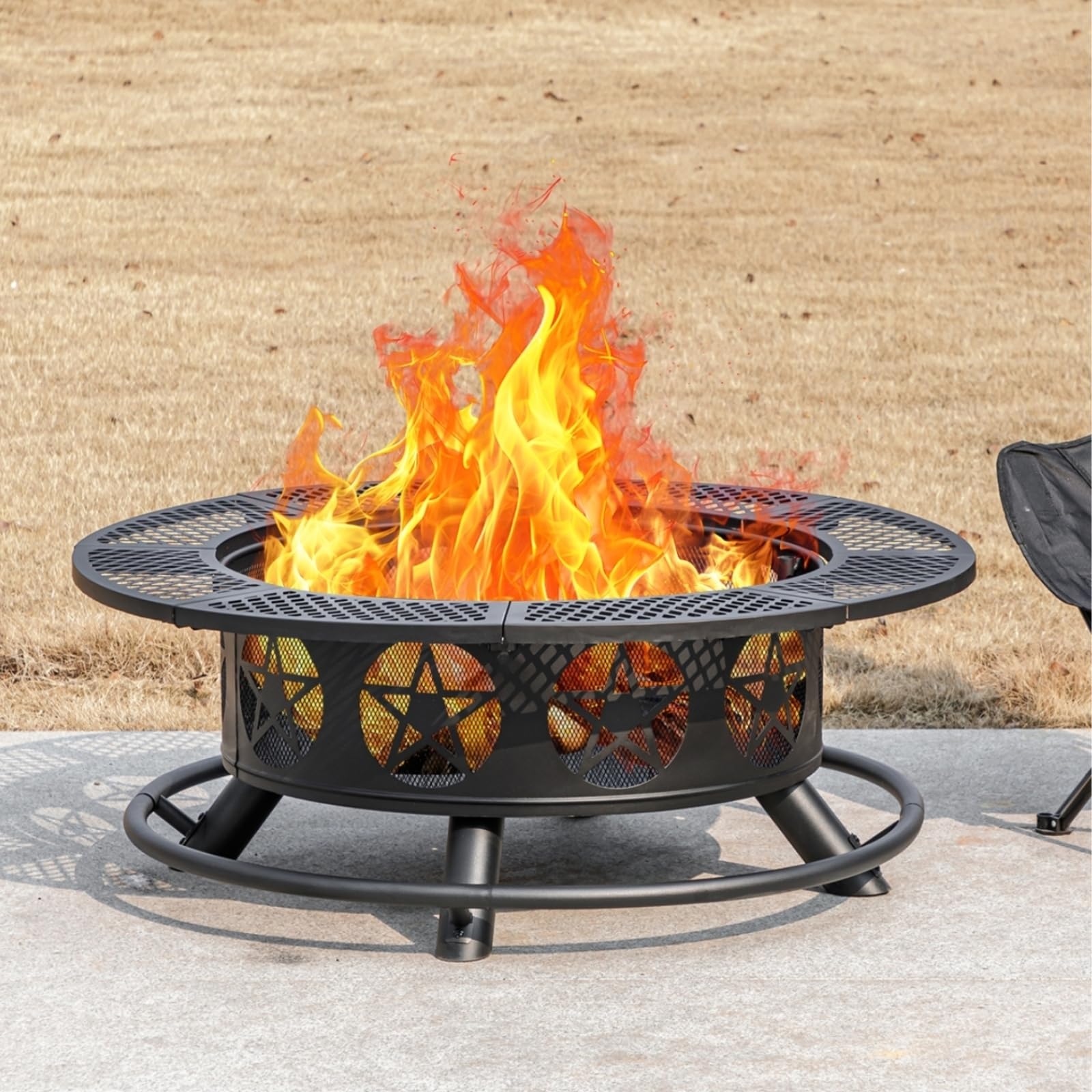 36 Inch Fire Pit with 2 Grills, Wood Burning Fire Pits for Outside with Lid & Poker