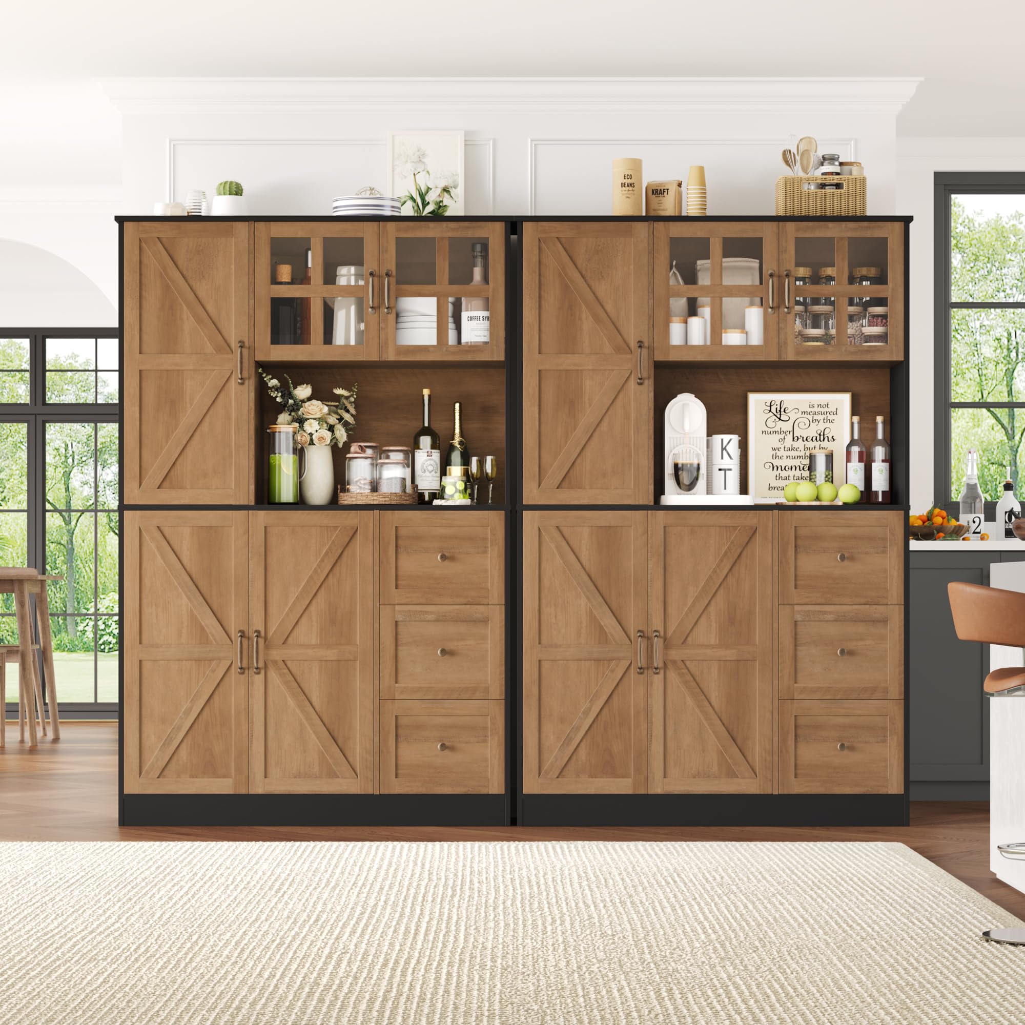 Farmhouse Pantry Cabinet, Kitchen Pantry Storage Cabinet with Microwave Stand