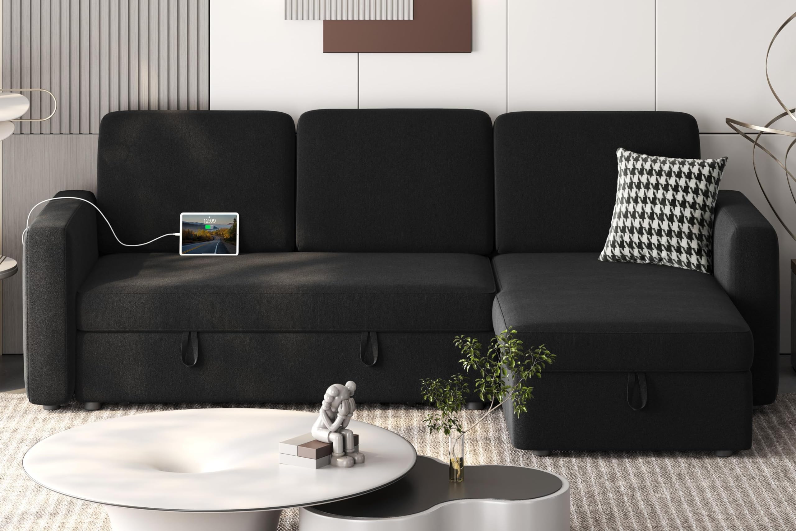 Sectional Sofa L-Shaped Sofa Couch Bed w/Chaise & USB