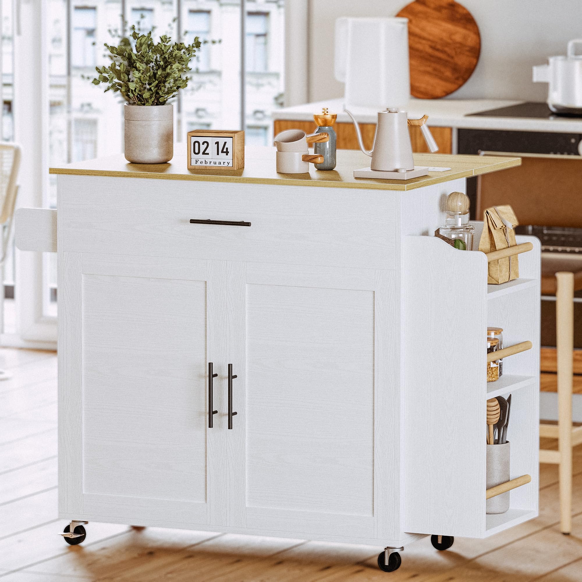 Kitchen Island with Storage, Rolling Kitchen Island on Wheels with Drop Leaf