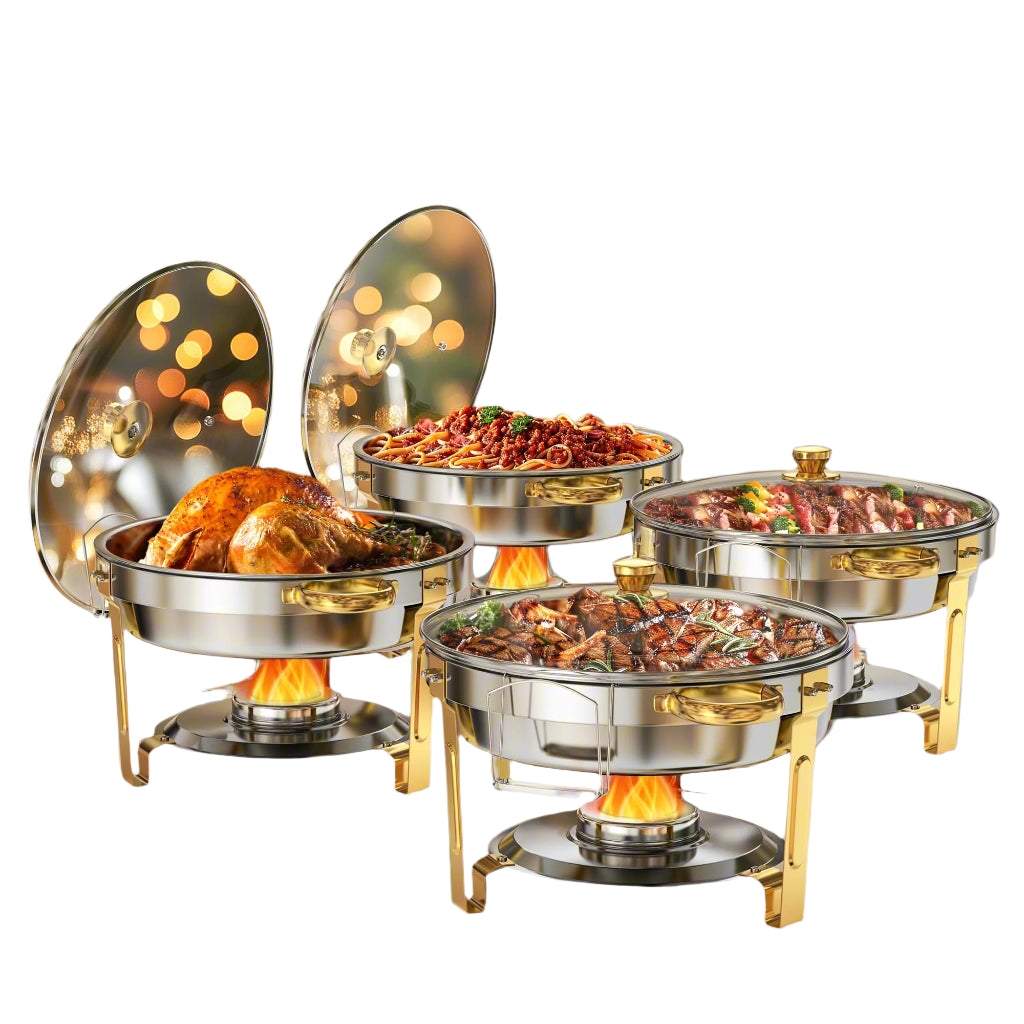 Gold & Silver Chafing Dishes for Buffet with Glass Lid (5QT, 4 Pack)