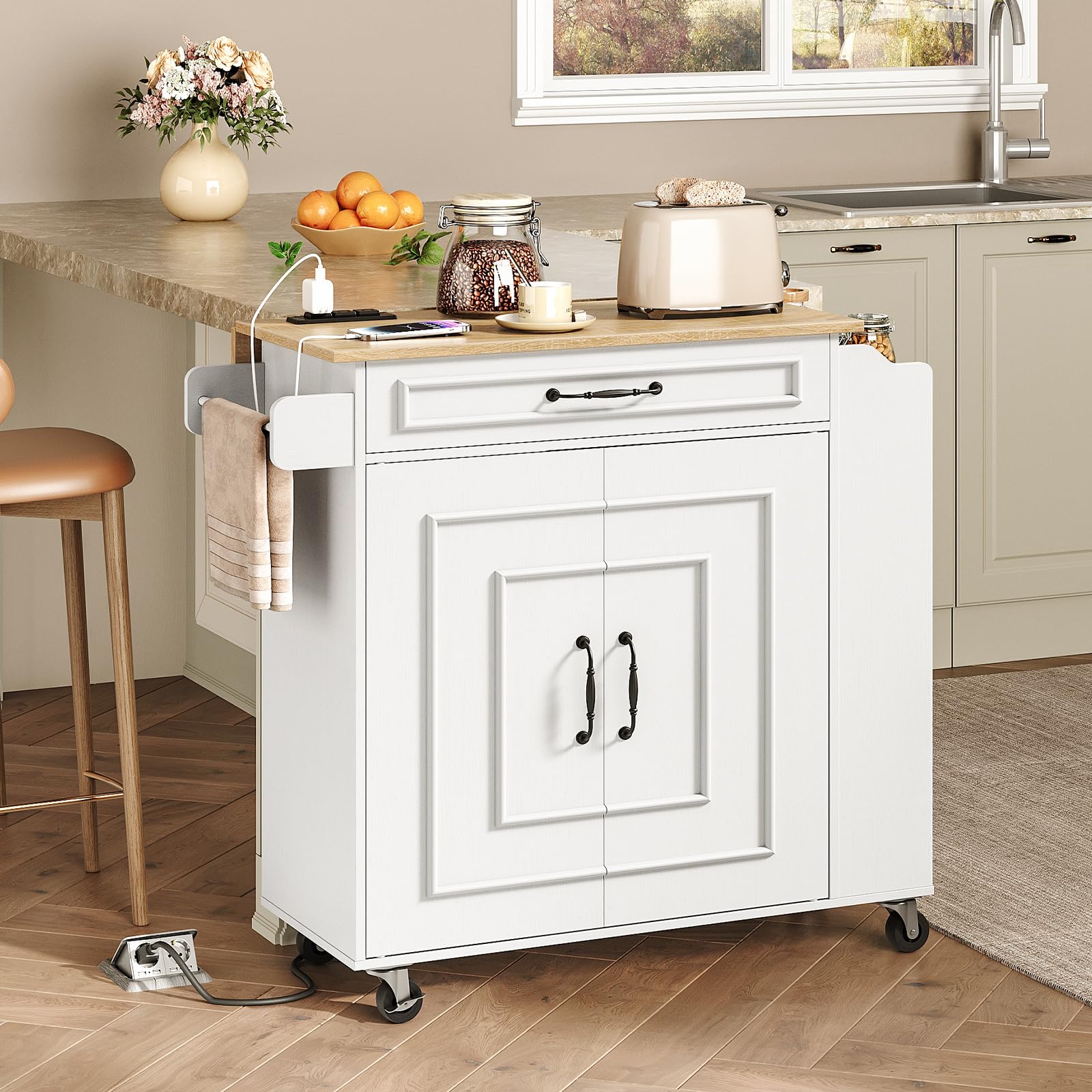 Kitchen Island with Power Outlets & Drop Leaf, Rolling Kitchen Cart on Wheels