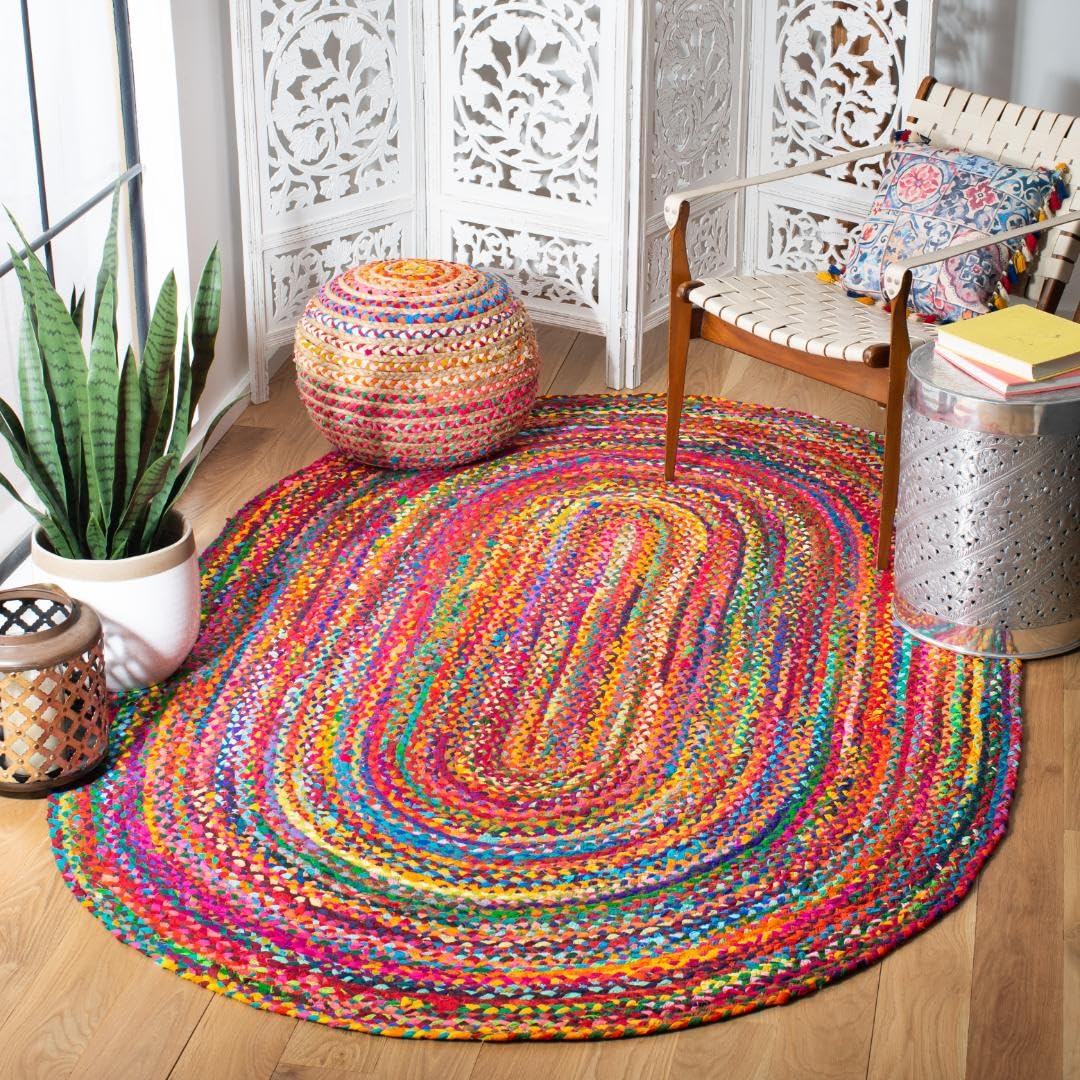 Braided Collection 7'6" x 9'6" Oval Red / Multi BRD210A Handmade Boho Reversible
