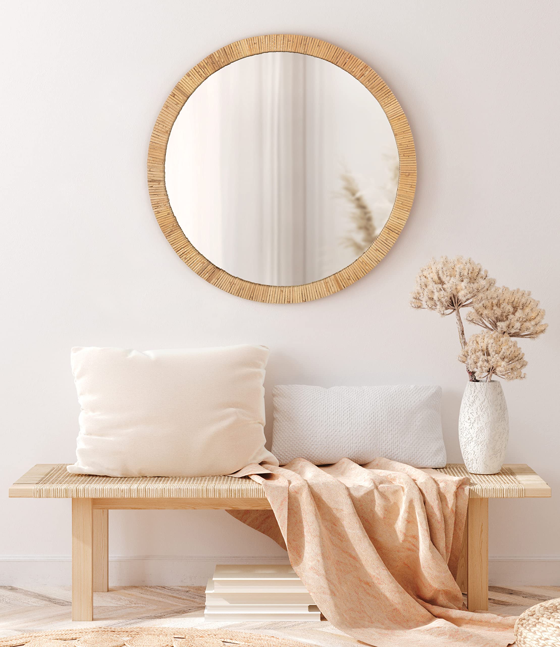Rahfy Boho Round Rattan Mirror, 28 Inch Diameter, Natural Wood,Bathroom Vanity Mirrors