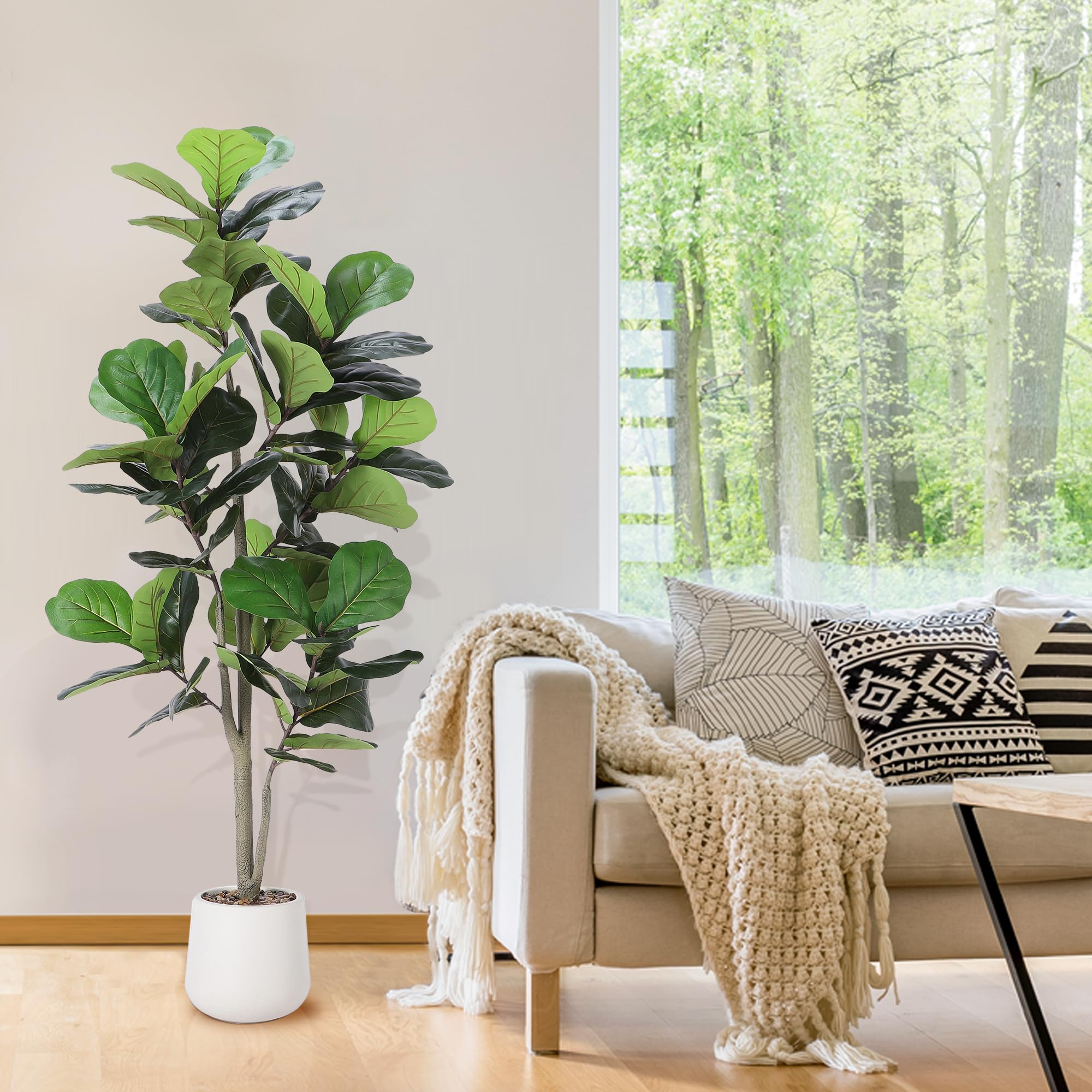 Artificial Fiddle Leaf Tree, 5ft Faux Plant Fake Ficus Lyrata Silk Trees with White Planter