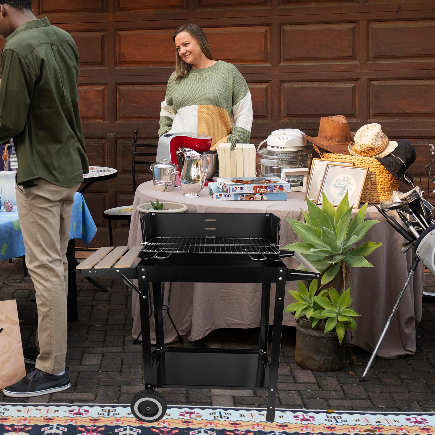 Portable Charcoal Grill: Charcoal Grill with side wood board - Wheel and Handle