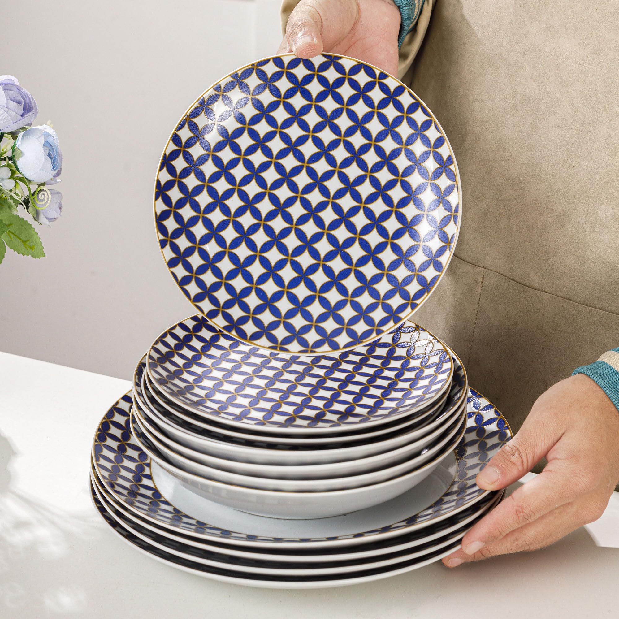 24 Piece Porcelain Dinnerware Set,Scratch Resistant Dishes Set