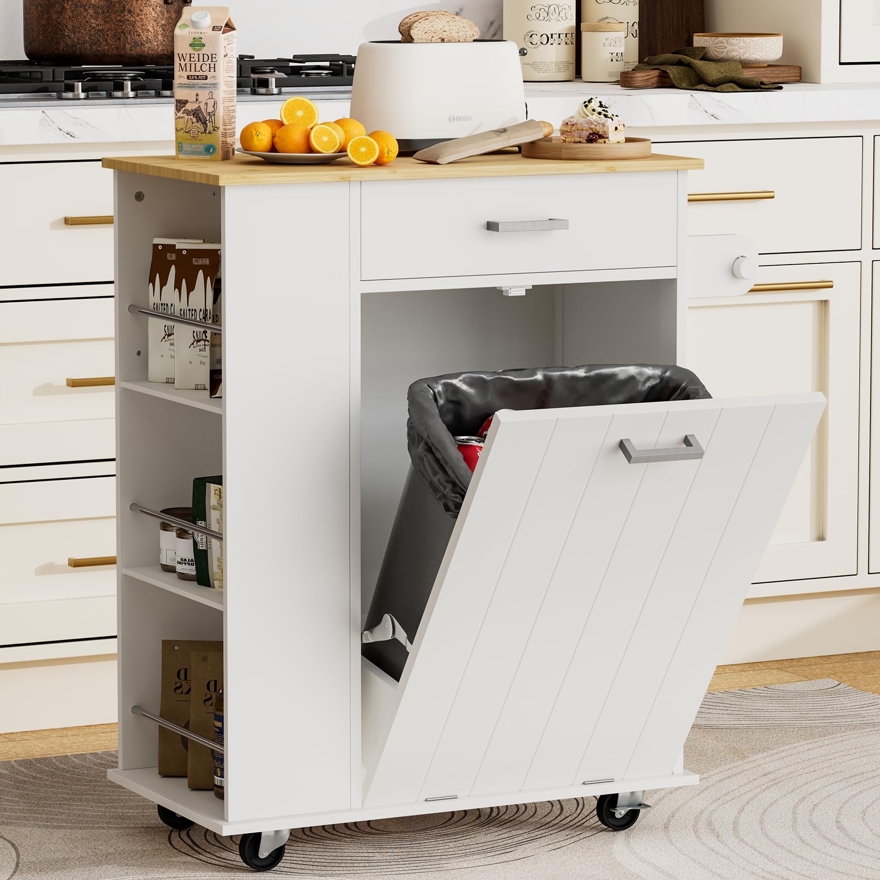 Kitchen Island with Trash Can Storage, Portable Kitchen Island on Wheels