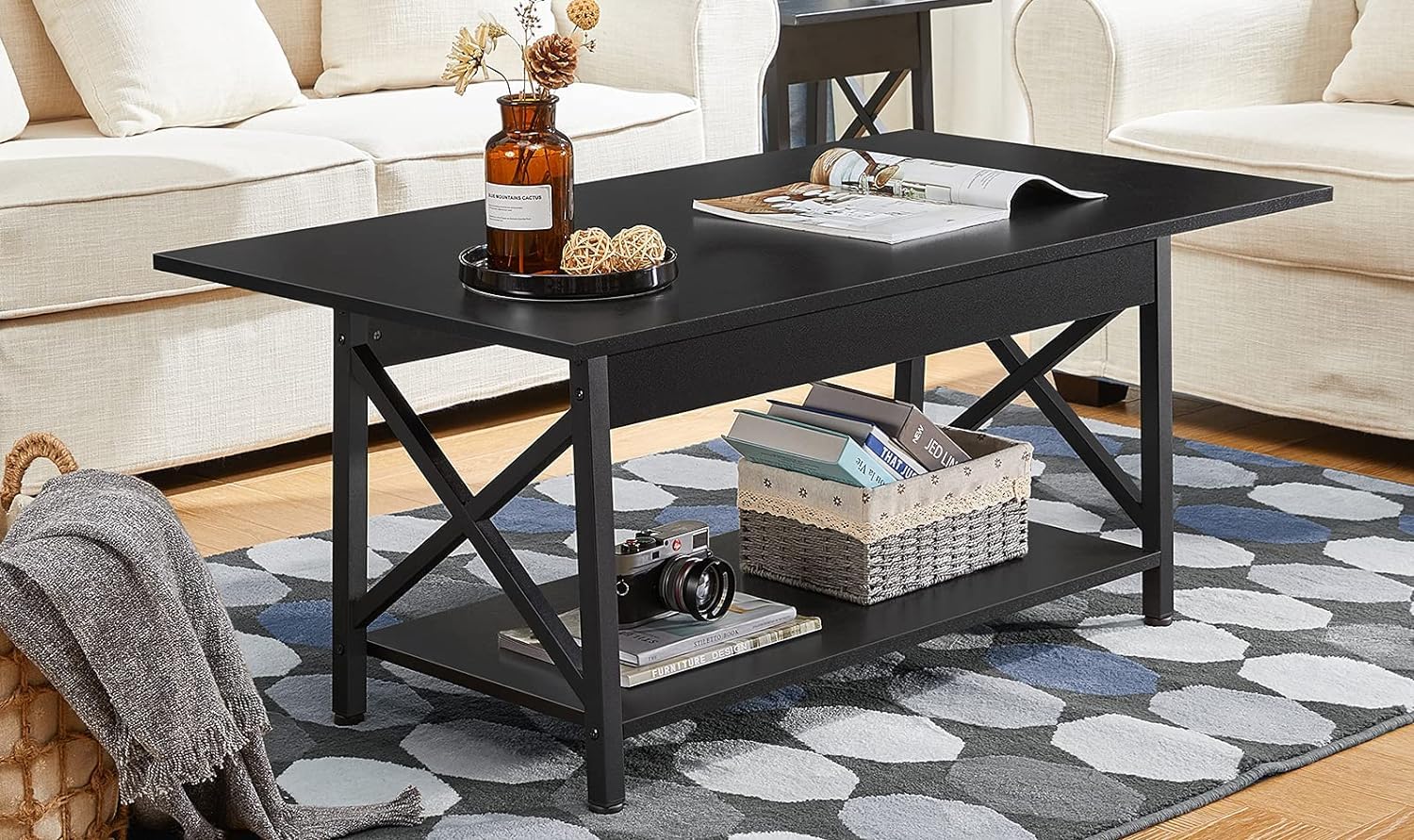 Black Coffee Table with Storage Shelf 39 inch