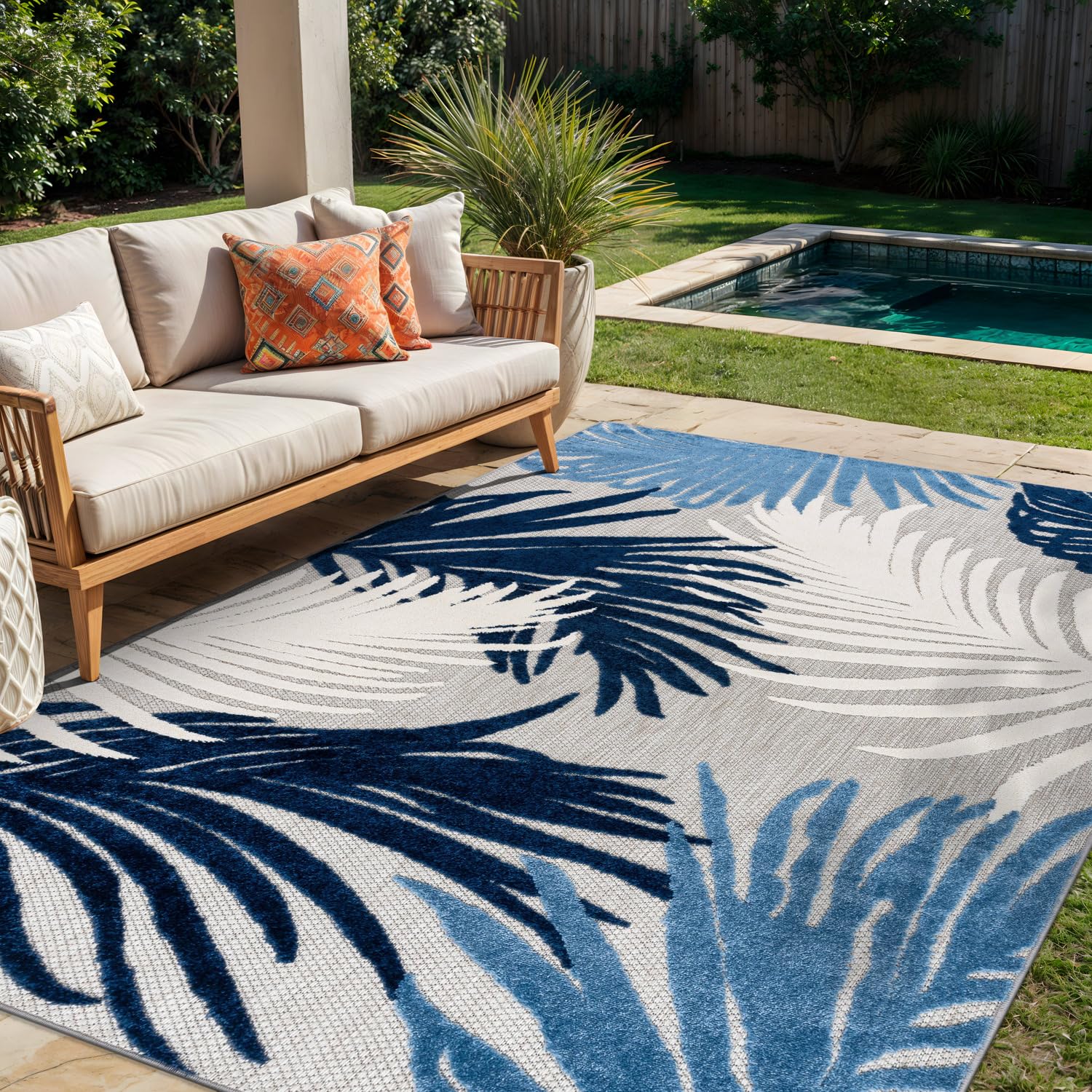 Lucca Contemporary Floral Indoor/Outdoor Area Rug 7'10" x 10' Navy