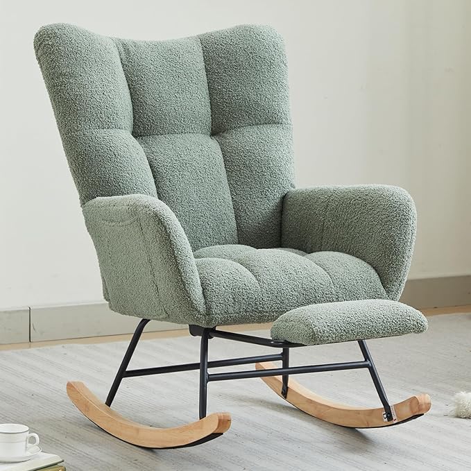 Nursery Rocking Chair, Teddy Upholstered Glider Chair with Footres