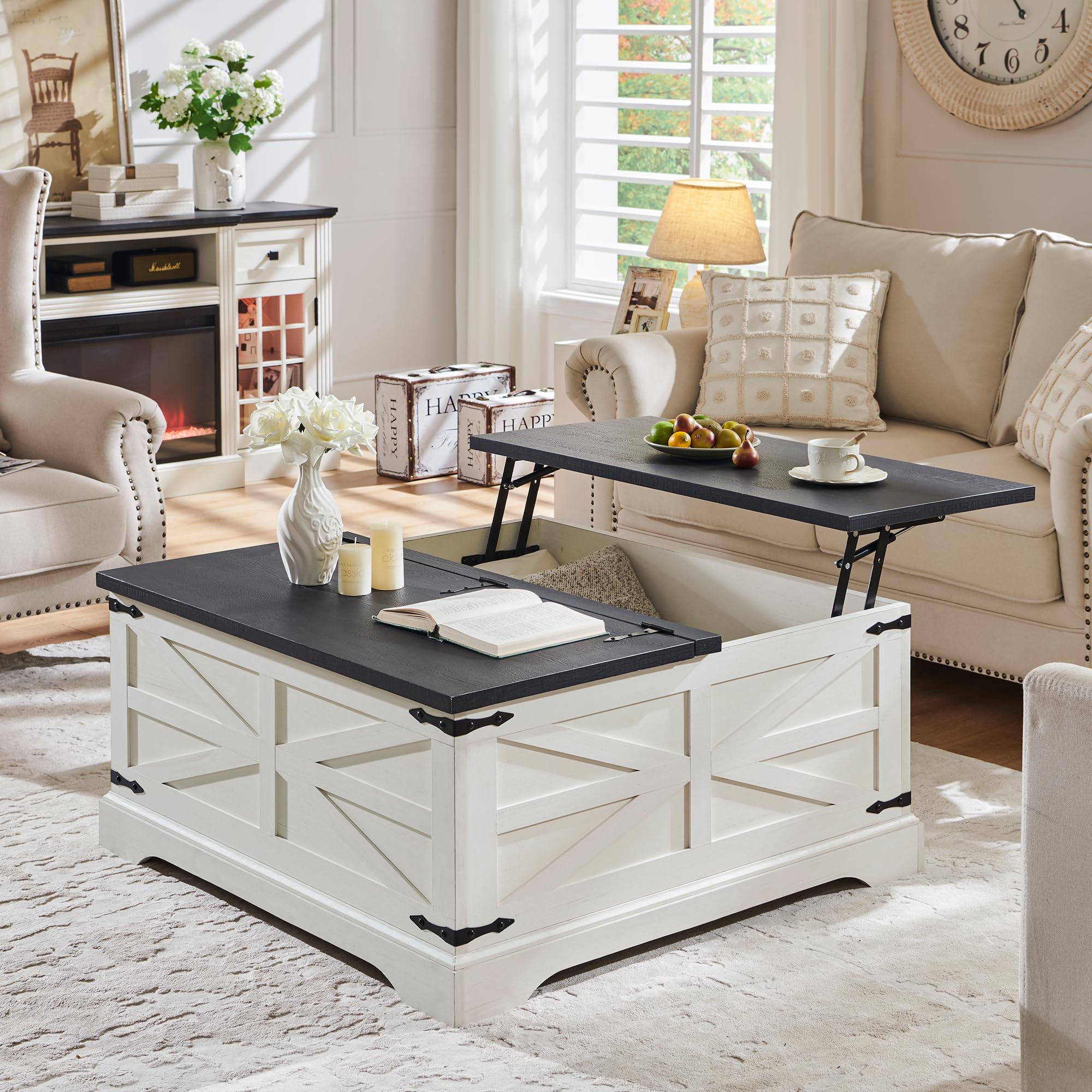 Farmhouse Lift Top Coffee Table with Storage, 36" Wood Square Center Table