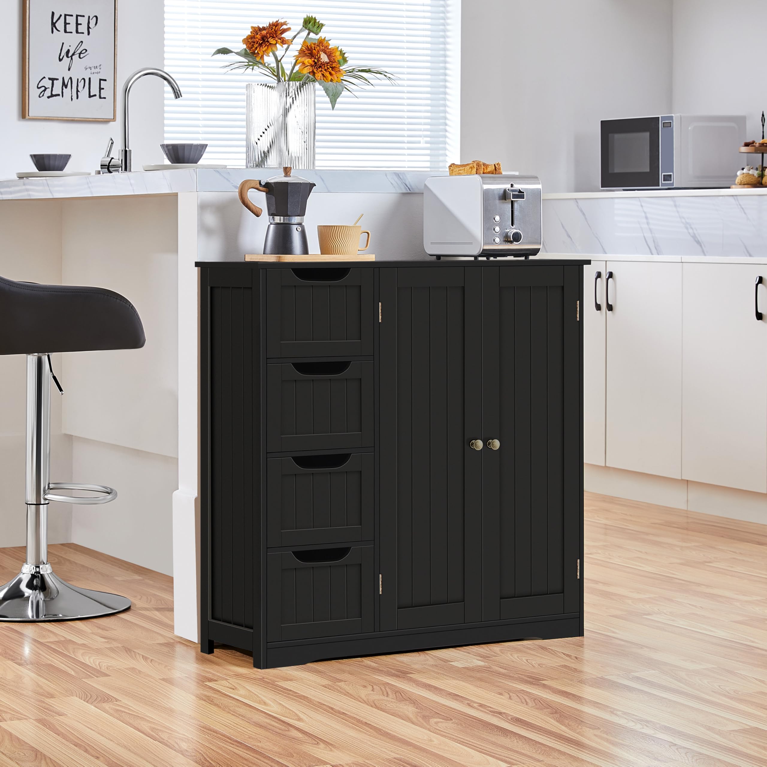 Wooden Bathroom Floor Cabinet, Side Storage Organizer Cabinet with 4 Drawers