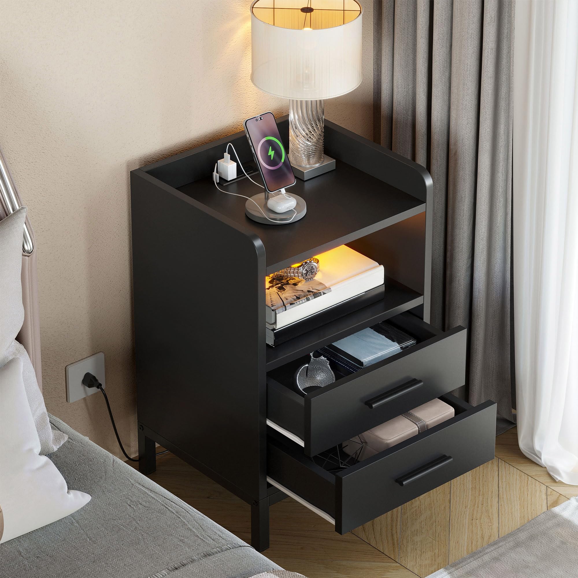 Nightstand with Charging Station and LED Lights, End Side Table