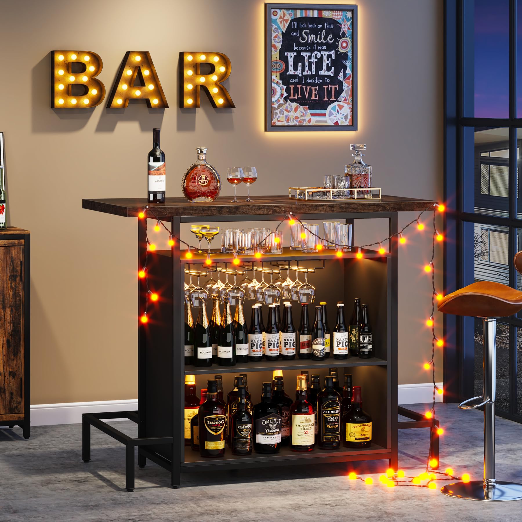 Industrial Home Bar Unit, 3-Tier Liquor Bar Table with 4 Stemware Racks