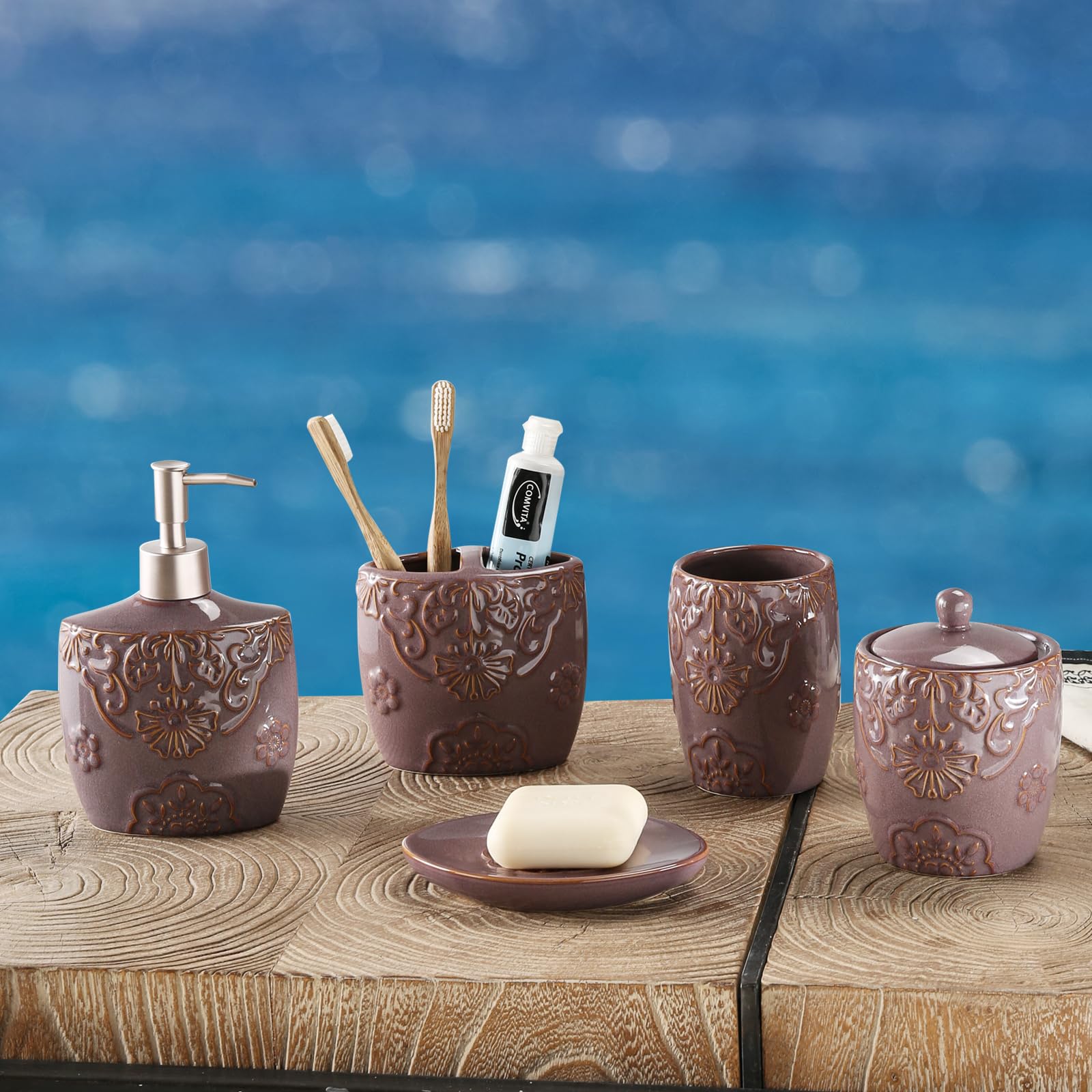 5-Piece Ceramic Bathroom Sink Set - Soap Dispenser & Toothbrush Holder Combo