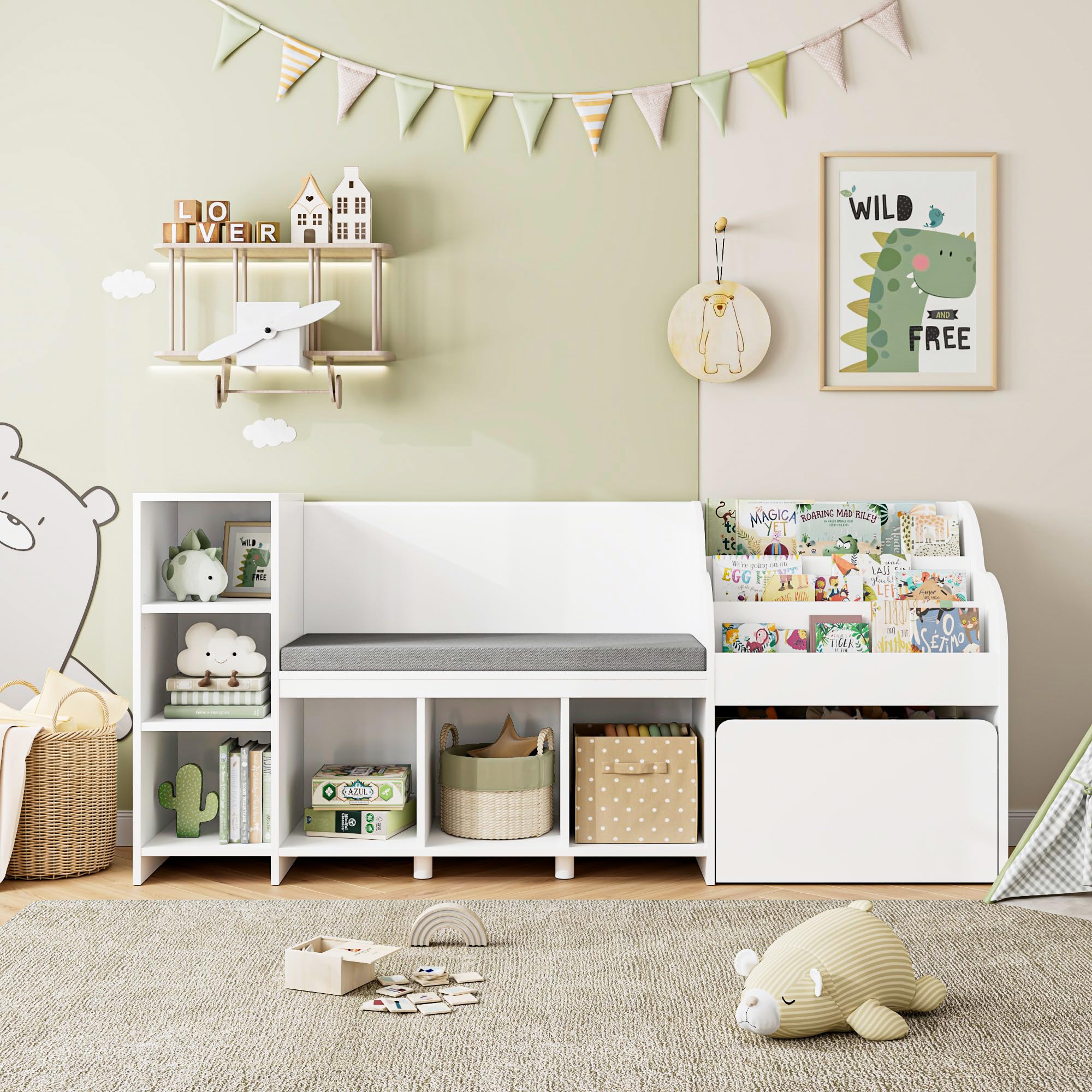 67" Kids Reading Nook with Bench, Kids Bookshelf and Bookcase