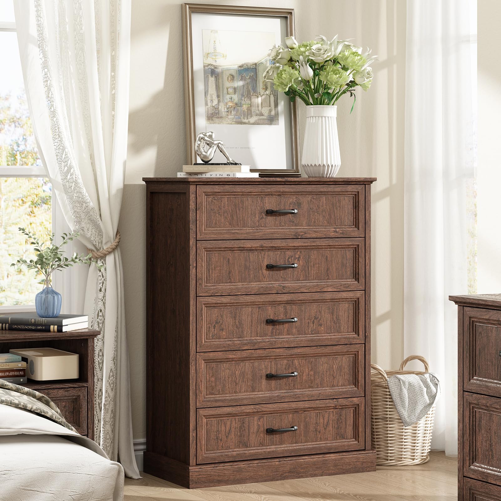 5 Drawers Dresser for Bedroom, 44" Tall Brown dresser Wood Rustic Chest
