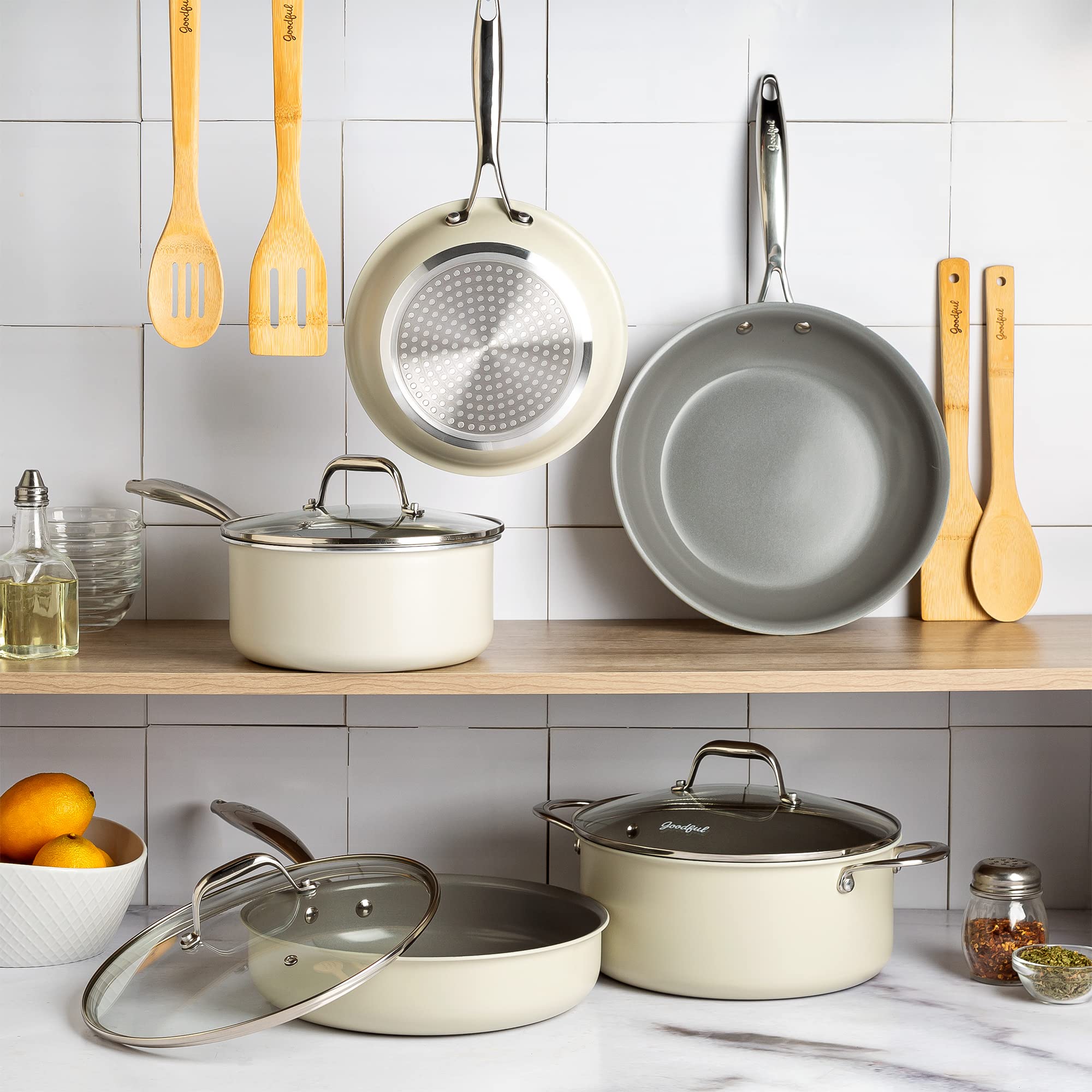 Ceramic Nonstick Pots and Pans Set, Titanium-Reinforced Premium Nonstick Coating