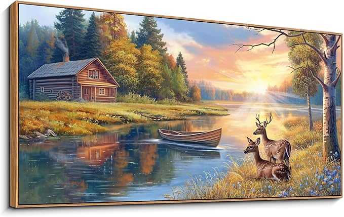 Canvas Wall Art - Fantasy Wooded Wild Lakes Red Pink Room Decor Rainbow Artwork Framed Picture for Living Room Bedroom Paintings Decoration