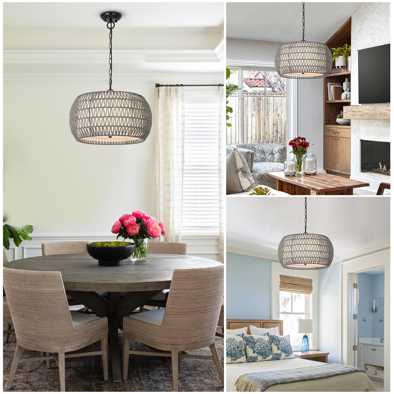 Farmhouse Chandelier Light Fixtures，5-Lights Rattan Dining Room Light Fixture