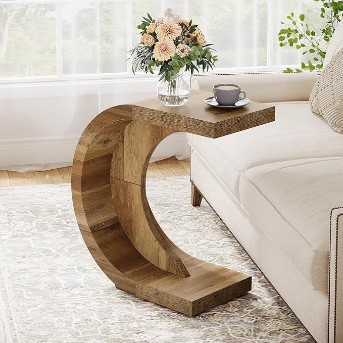 C-Shaped End Table Set of 2, Rustic Compact Side Table for Couch
